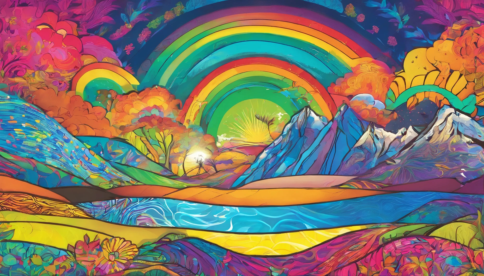 Radiant Resonance: A Meditative Rainbow Journey. A serene and vibrant landscape where light and consciousness intersect. As you gaze upon a majestic rainbow, allow its colors to resonate with your inner world, illuminating the depths of your being. Ultra-long-range viewing angle.