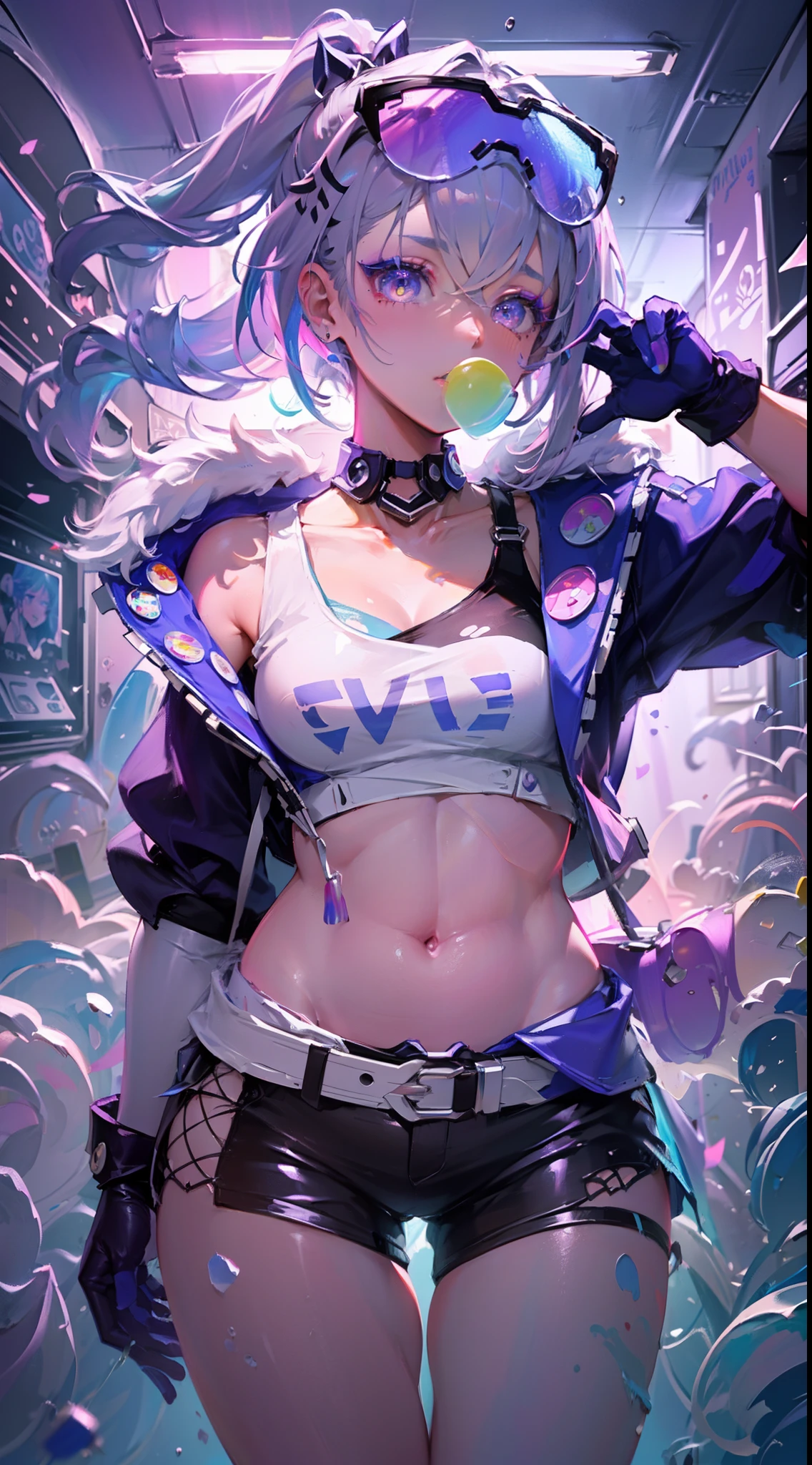 full body, 1girl, loli, solo, Eye focus,Masterfully crafted Glow, pink lens flare, Cinematic background,colourful, hyper details, hdr, ultra detailed eyes, mature, plump, rainbow painting drops,(supermodel:1.3), made up from paint, entirely paint, splat, splash, indoors, (bioluminescent hair:1.1),(glowing eyes),  ((makeup)), fierce, powerful, splashes of colour absolutely eye-catching, dynamic angle, beautiful detailed glow, ambient occlusion, ambient light, raytraced reflections, retro style, living arcade characters, arcade style world, gloves, jacket,weapon, shorts, black gloves, black jacket, gun, drill hair, black shorts, eyewear on head, bubble blowing, chewing gum, (Cute face:1.3),