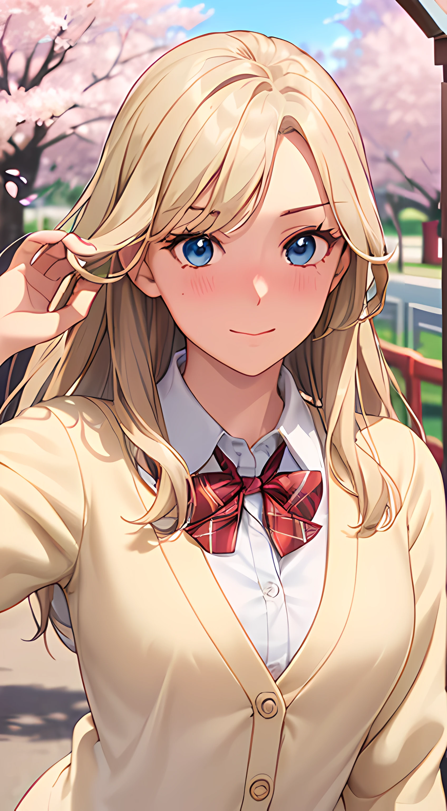 ((masterpiece, best quality, highres, UHD, perfect pixel, depth of field, 4k, RTX, HDR))), 1girl, single, solo, beautiful anime girl, beautiful artstyle, anime character, ((long hair, parted bangs, blonde hair)), ((blue eyes:1.4, rounded eyes, realistic eyes)), ((eyelashes, ultra-detailed eyelashes, smooth eyelashes)), ((detailed face, blushing:1.2)), ((smooth texture:0.75, realistic texture:0.65, photorealistic:1.1, anime CG style)), medium breasts, dynamic angle, perfect body, ((POV, dynamic pose)), ((red bowtie, school uniform, white shirt, brown cardigan, long sleeve, black skirt, plaid skirt)), smile, amusement park, ((cherry blossom tree, cherry blossoms fall)), natural light, bright sky, sunshine