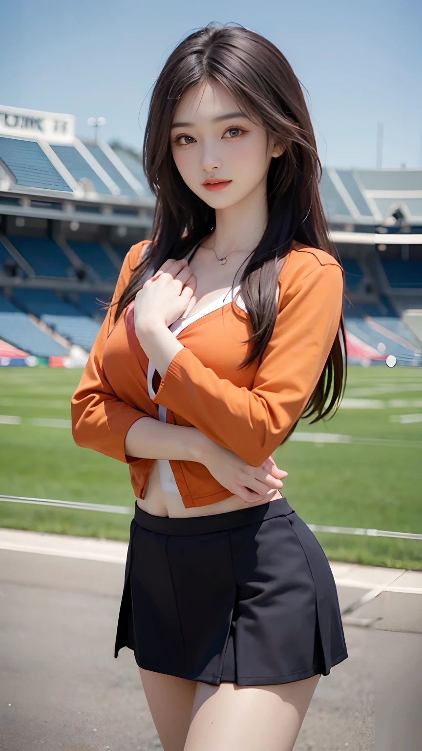 4k ultra hd, masterpiece, best quality, a girl, sports girl, happy, good face, smile, detailed eyes, detailed lips, very long hair, Multicolor floating hair, slim body, medium breasts, tight abs, narrow waist, promotional costume, orange costume, short sleeves, cropped top, opened jacket, black jacket, skirt, sitiitng, dark shadow, stadium background,