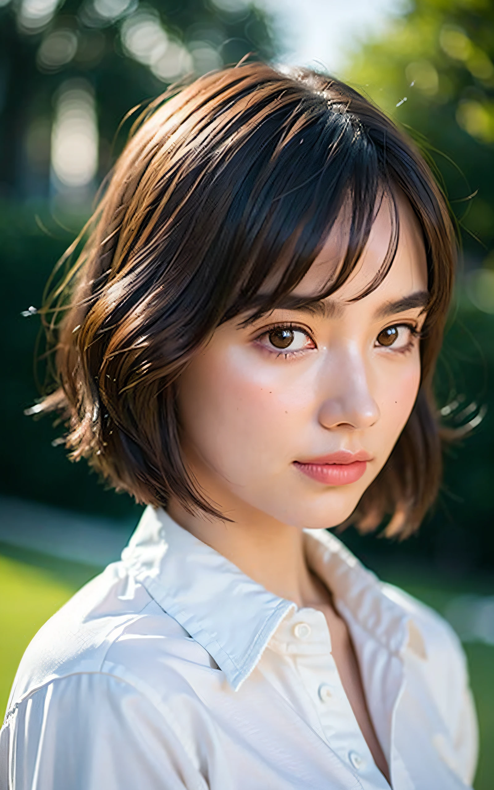 masterpiece, Best Quality, 8K, 1girl, Correct human hands, correct human fingers, , face closeup, Cute, Girly, Delicate girl, Neat and clean beauty, medium breast, luminescence, Looking away, Raw photo, F/1.8, 135 mm, NIKON, Anatomically correct, bokeh,Textured skin, Professional Photography, Portrait, Soft light, Professional Lighting, back light, Film grain, (Eyes and faces with detailed:1.0), brown hair, short hair swaying in the wind, bangs, Silk shirt