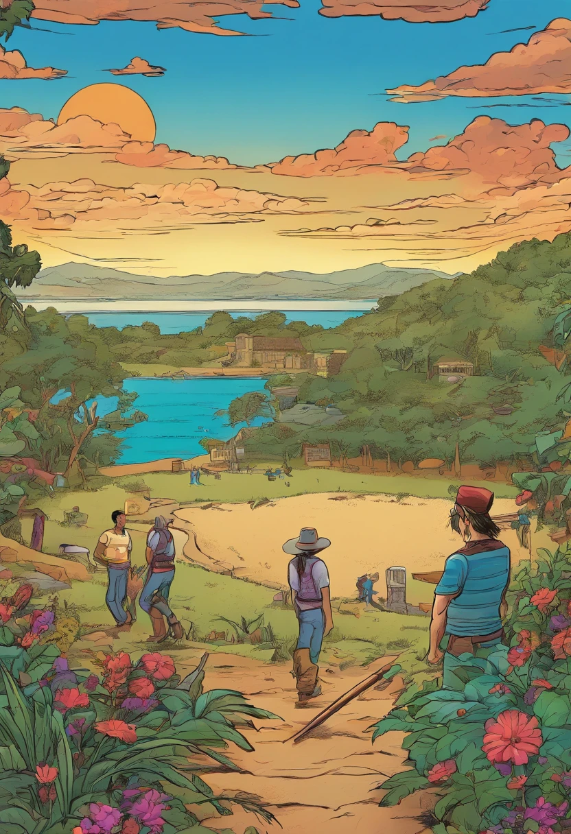 Quadrinhos americanos, The comic is presented in several irregular panels with colors. A platinada baixa conversa com seu namorado alto, musculoso e loiro no jardim, They stare at a pile of ash that catches fire but the flames are blue. The style is exaggerated and detailed