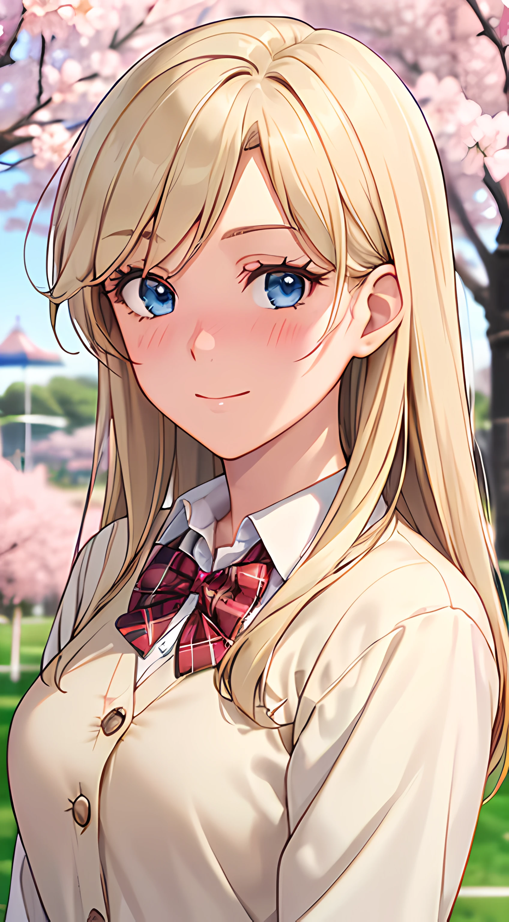 ((masterpiece, best quality, highres, UHD, perfect pixel, depth of field, 4k, RTX, HDR))), 1girl, single, solo, beautiful anime girl, beautiful artstyle, anime character, ((long hair, parted bangs, blonde hair)), ((blue eyes:1.4, rounded eyes, realistic eyes)), ((eyelashes, ultra-detailed eyelashes, smooth eyelashes)), ((detailed face, blushing:1.2)), ((smooth texture:0.75, realistic texture:0.65, photorealistic:1.1, anime CG style)), medium breasts, dynamic angle, perfect body, ((POV, dynamic pose, portrait)), ((red bowtie, school uniform, white shirt, brown cardigan, long sleeve, black skirt, plaid skirt)), smile, amusement park, ((cherry blossom tree, cherry blossoms fall)), natural light, bright sky, sunshine