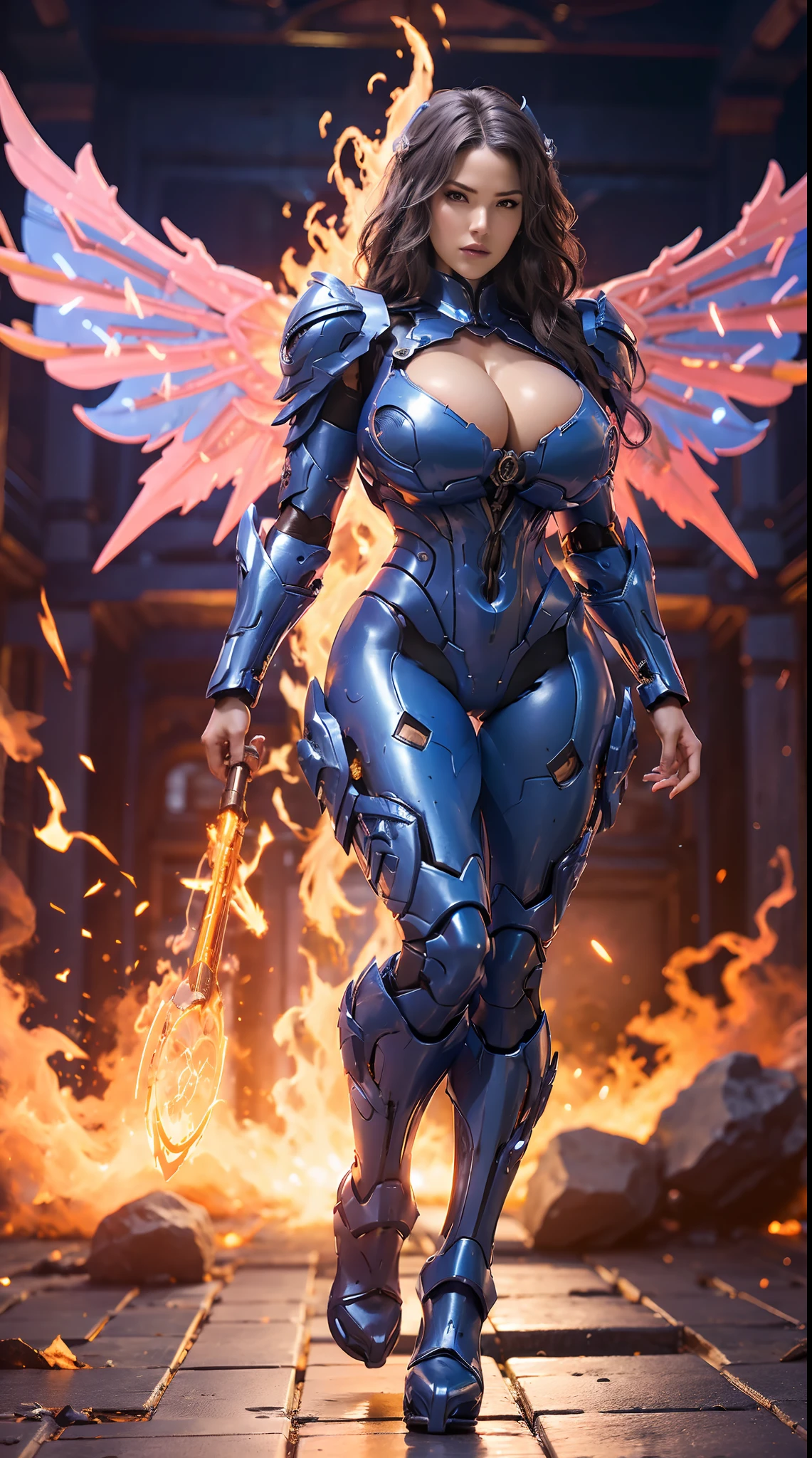 HUGE BOOBS, BLUE FIRE PHOENIX, (WAVY HAIR), MECHA ARMOR FULL SUIT, (CLEAVAGE), (A PAIR LARGEST WINGS), TRANSPARANT, TALL LEGS, STANDING, SEXY BODY, MUSCLE ABS.