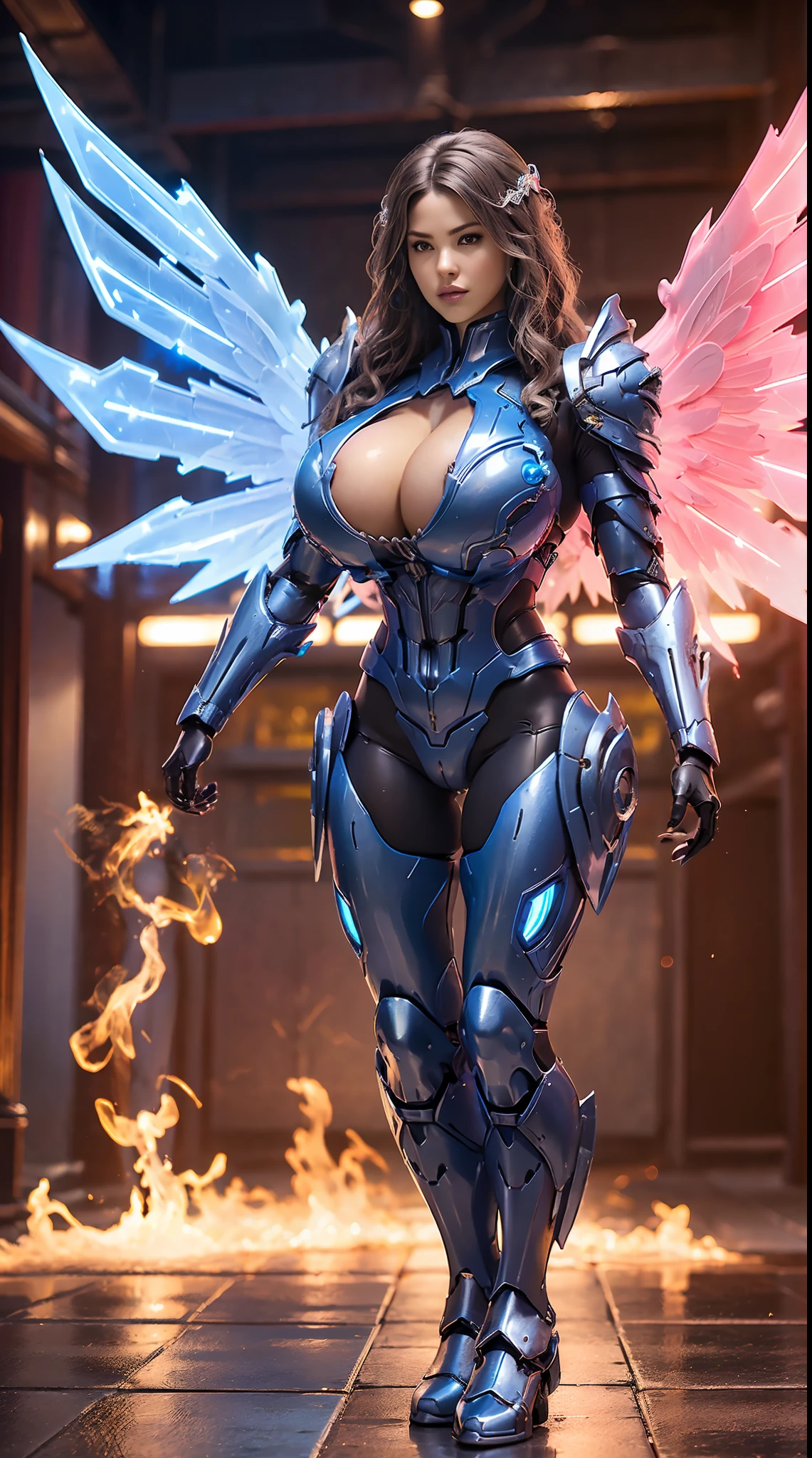 HUGE BOOBS, BLUE FIRE PHOENIX, (WAVY HAIR), MECHA ARMOR FULL SUIT, (CLEAVAGE), (A PAIR LARGEST WINGS), TRANSPARANT, TALL LEGS, STANDING, SEXY BODY, MUSCLE ABS.