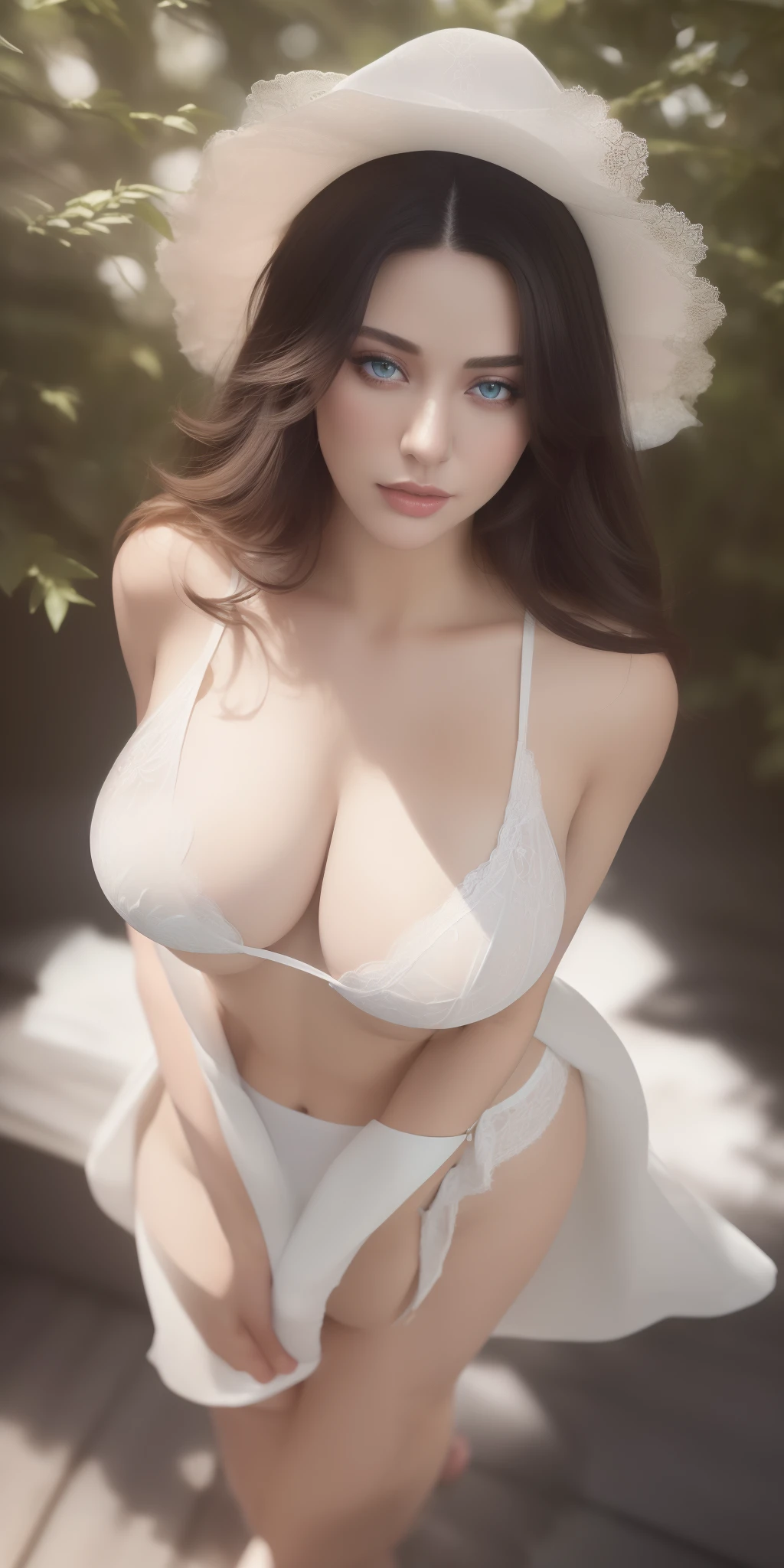 (full body shot) ((bird view photo)) a black hair European woman, incredible blue eyes,, luminous design, masterpiece, best quality, extremely detailed 8k, ultra hd, ultra-detailed, highly detailed, highly realistic, (ultra-realistic), hyperrealistic, Real life style, (((top quality, masterpiece: 1.3)), (masterpiece), (best quality), (ultra-detailed),(nudes:1.2), (RAW photo:1.2),(masterpiece:1.3), (best quality:1.4), ultra high res, HDR, 8k resolution, dreamlike, check commentary, commentary request, scenery,((no text)), (full body), rear view, (detailed eyes),(detailed facial features), 1girl, (1girll) a woman in a white hat and white panties posing for a picture, white bra, very attractive and beautiful, model, with large breasts, with a large breasts, very very beautiful woman, pubic hair, cinematic lighting, (full body shot), depth of field, ultra fine details, detailed clothing, detailed scenery, (perfect face, detailed face, detailed eyes) (cinematic:1.5)(Top Quality, 8k, 32k, Masterpiece, UHD: 1.3)