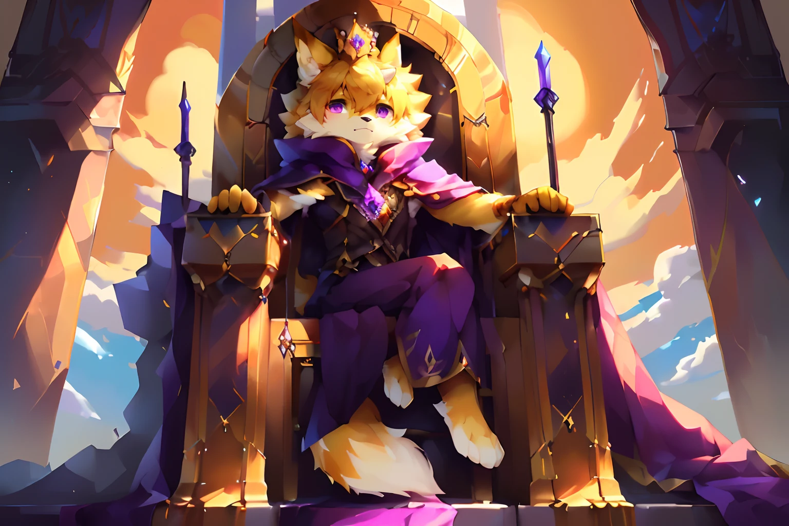 (((a goldfox))), (cocky), ((( \(parfect anatomy\)))), (( sitting on a throne)), , ((horn, crown, royal, throne)), black fluffy twin tail, fluffy mane, purple eyes, yellow body, cloud(独奏), purple cape, fantasy clothing, vest
