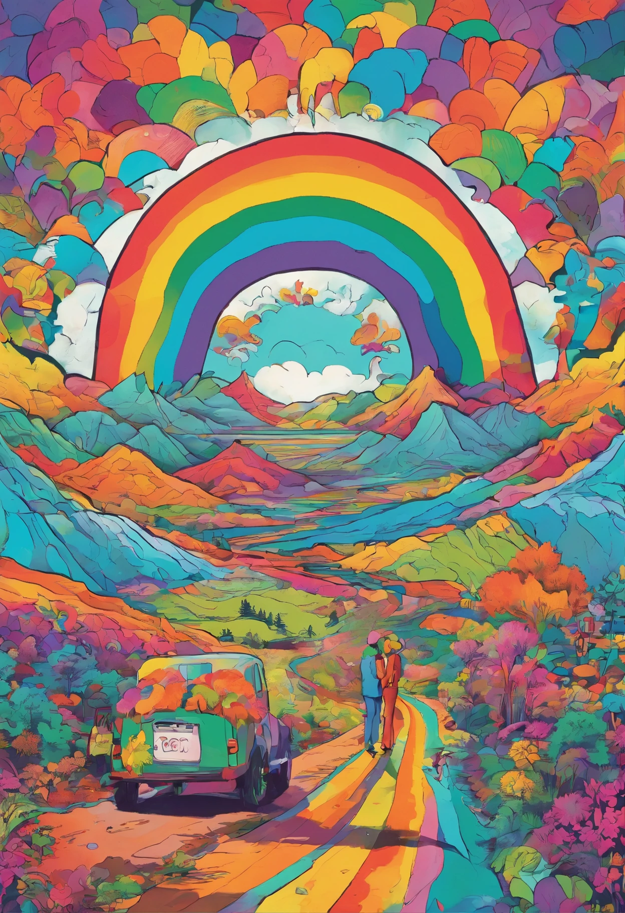 Wholesome hitchhikers found on rainbow road, with bright, colorful clothing and friendly smiles that radiate warmth and positivity. The hitchhikers are depicted as a diverse group of people, each one representing a different aspect of humanity. They stand together on a winding road that stretches off into the distance, with a vibrant rainbow arching overhead. The colors of the rainbow are reflected in the clothing and accessories of the hitchhikers, creating a kaleidoscope of colors that dance and shimmer in the light. As you gaze into the scene, you feel a sense of joy and wonder, as if you too are part of this colorful, whimsical world. It's as if the hitchhikers are inviting you to join them on their journey, to explore the mysteries of the rainbow road and discover the beauty of life in all its many forms.