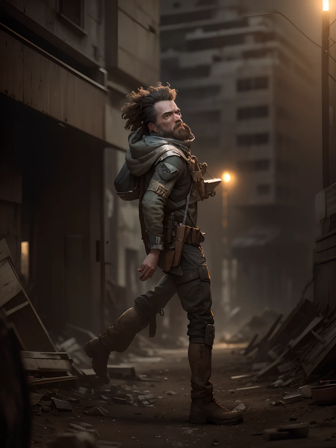 RAW photo, a close up portrait photo of brutal 45 y.o man in wastelander clothes, long haircut, pale skin, slim body, background is city ruins, (high detailed skin:1.2), 8k uhd, dslr, soft lighting, high quality, film grain, Fujifilm XT3