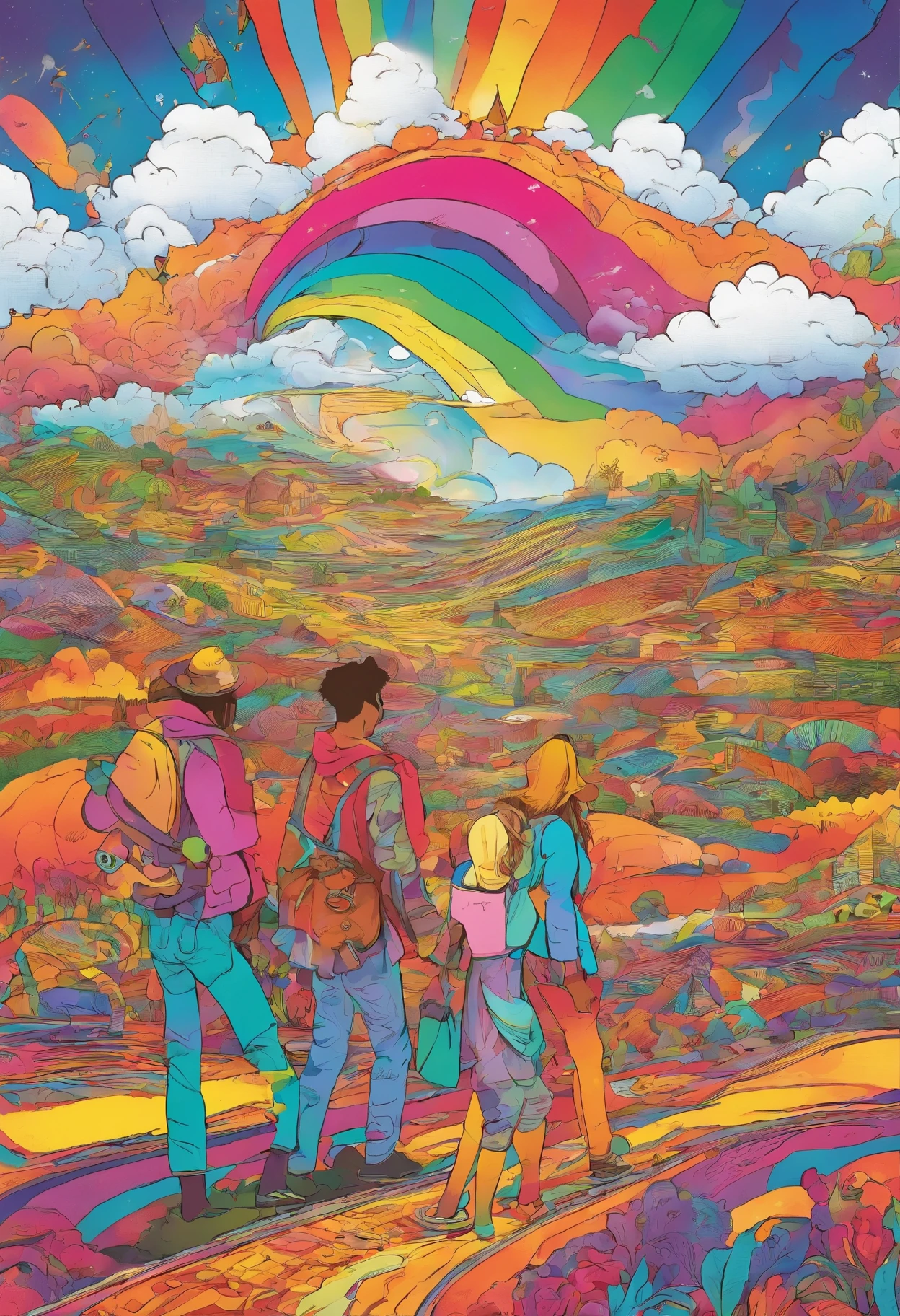 Wholesome hitchhikers found on rainbow road, with bright, colorful clothing and friendly smiles that radiate warmth and positivity. The hitchhikers are depicted as a diverse group of people, each one representing a different aspect of humanity. They stand together on a winding road that stretches off into the distance, with a vibrant rainbow arching overhead. The colors of the rainbow are reflected in the clothing and accessories of the hitchhikers, creating a kaleidoscope of colors that dance and shimmer in the light. As you gaze into the scene, you feel a sense of joy and wonder, as if you too are part of this colorful, whimsical world. It's as if the hitchhikers are inviting you to join them on their journey, to explore the mysteries of the rainbow road and discover the beauty of life in all its many forms.