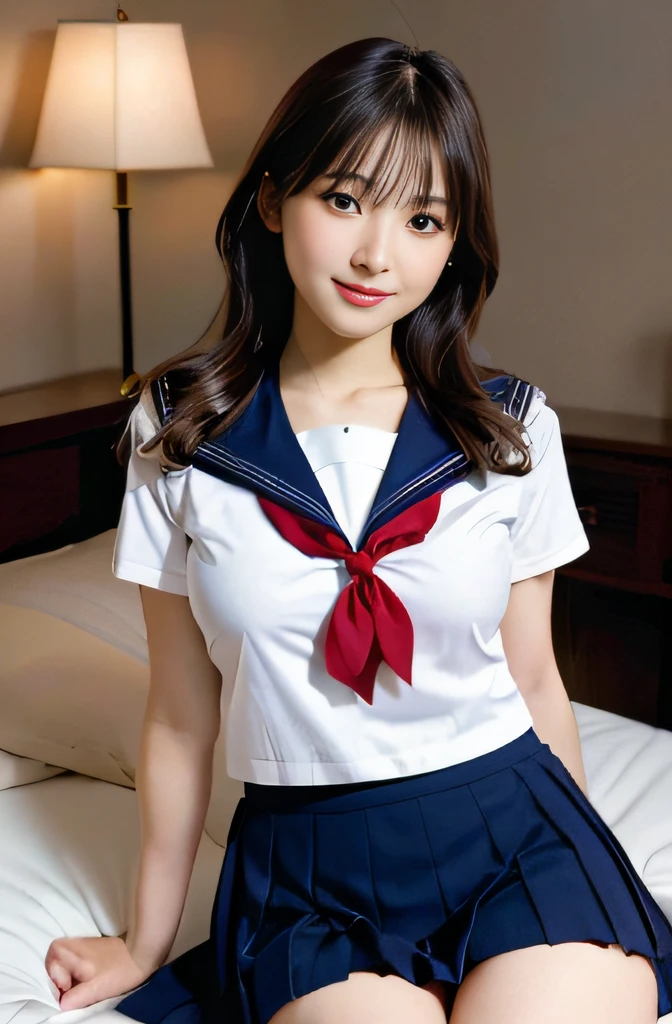 1girl, japanese gravure model, cute beautiful girl, medium breasts, clean face skin, smile shyly,
BREAK
sexy feeling, erotic feeling,
(hot-pillow hotel's room:1.2), (Immediately after sexual :1.1), (japanese high school uniform with sailor collar:1.2), sailor uniform, red scarf, (pleated skirt),
(dynamic angle, dynamic pose:1.3),
BREAK
masterpiece, best quality, highres, detailed skin, detailed, detailed face and eyes, hi-res, natural lighting, perfect anatomy, physically-based rendering, photorealistic, symmetric clear eyes, well-groomed face,teenage girl, perfect figure, transparency, modest big breasts, gravure idol,