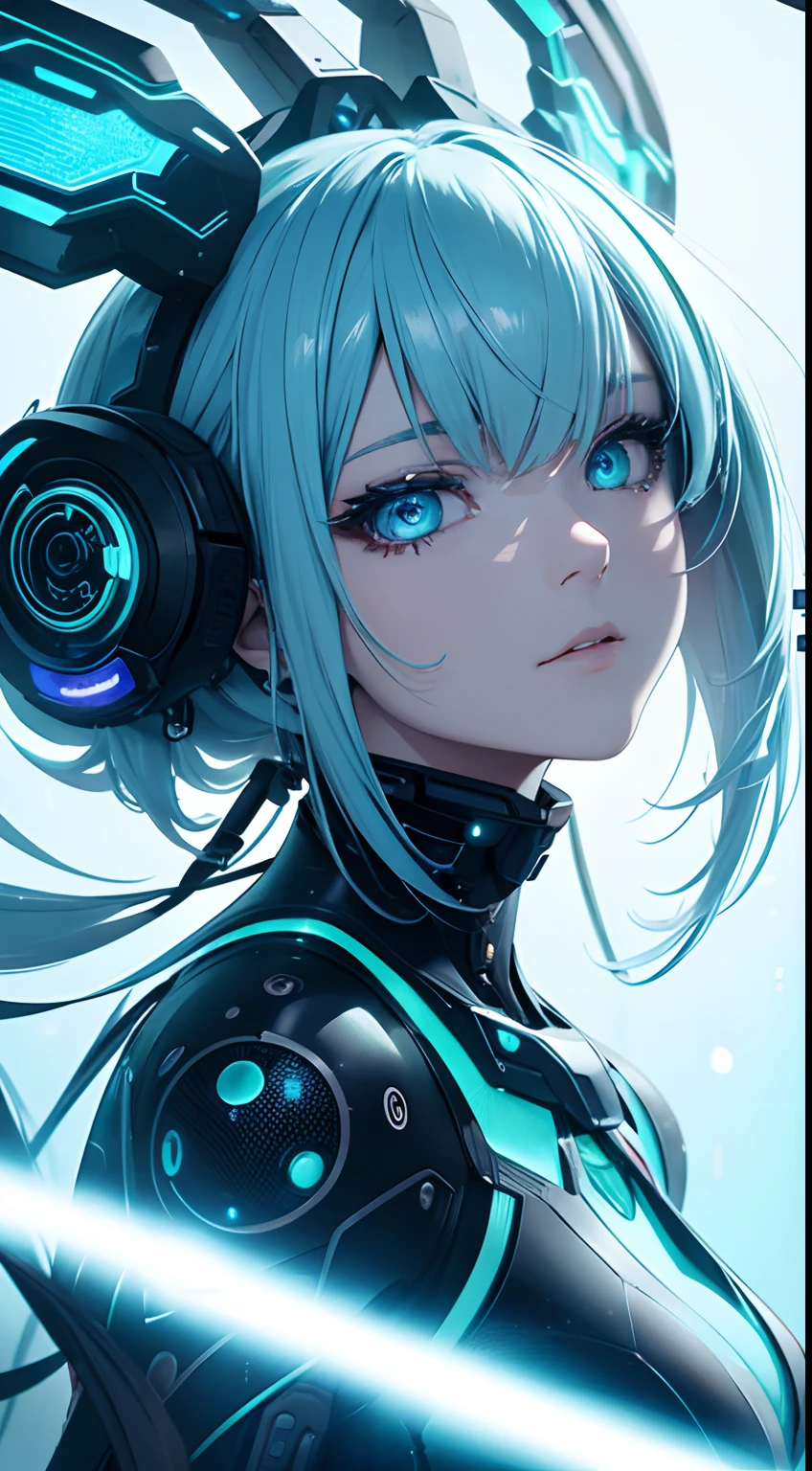 A futuristic android with neon hued hair, adorned with intricate patterns of glowing circuitry, emerges from a technologically vibrant abyss. Their eyes radiate an otherworldly luminescence, reflecting a mesmerizing blend of sadness and curiosity. Their expression hints at untold stories and hidden depths, as if the boundary between human and machine has been beautifully blurred. The intricate details and ethereal lighting amplify the surreal and captivating nature of this anime-inspired portrait.