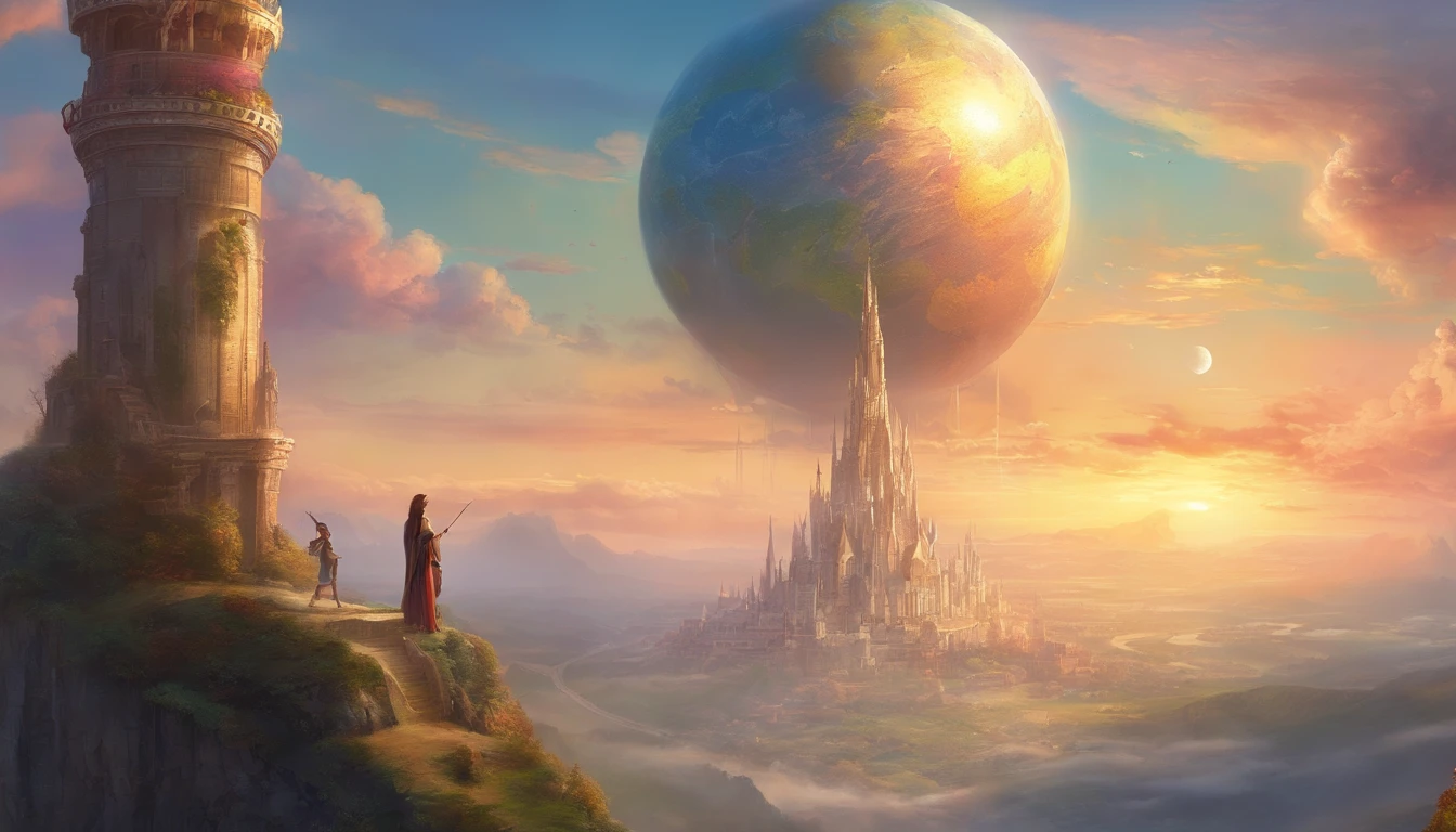 young aspiring human on top of the highest tower in the world looking over to earth globe highly detailed high quality