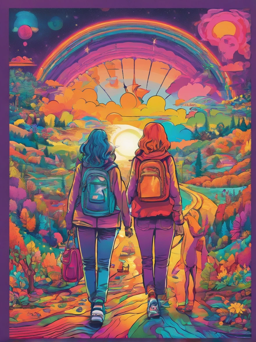 Wholesome hitchhikers found on rainbow road, with bright, colorful clothing and friendly smiles that radiate warmth and positivity. The hitchhikers are depicted as a diverse group of people, each one representing a different aspect of humanity. They stand together on a winding road that stretches off into the distance, with a vibrant rainbow arching overhead. The colors of the rainbow are reflected in the clothing and accessories of the hitchhikers, creating a kaleidoscope of colors that dance and shimmer in the light. As you gaze into the scene, you feel a sense of joy and wonder, as if you too are part of this colorful, whimsical world. It's as if the hitchhikers are inviting you to join them on their journey, to explore the mysteries of the rainbow road and discover the beauty of life in all its many forms.