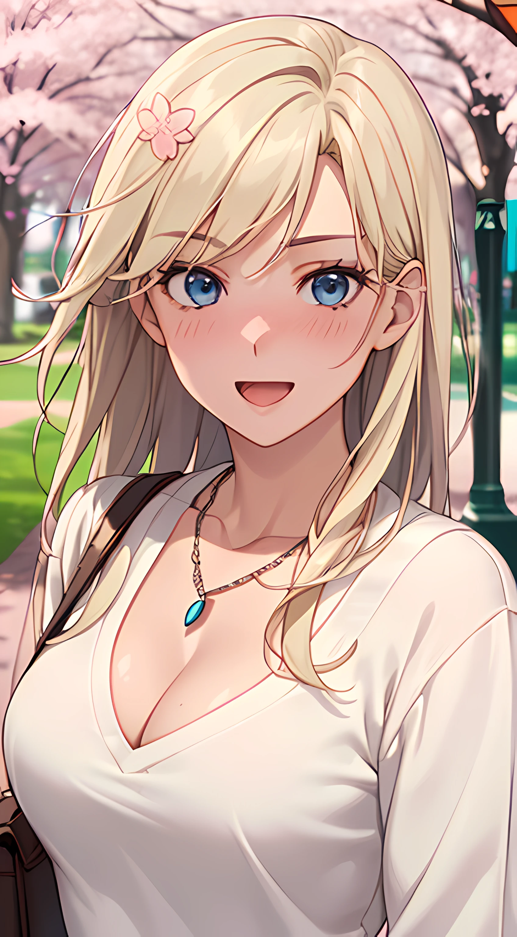 ((masterpiece, best quality, highres, UHD, RTX, perfect pixel, depth of field, 4k, extremely-detailed))), 1girl, single, solo, beautiful anime girl, beautiful artstyle, anime character, ((long hair, parted bangs, middle part hair bangs, blonde hair)), ((blue eyes:1.4, rounded eyes, beautiful eyelashes, realistic eyes)), ((detailed face, blushing:1.2)), ((smooth texture:0.75, realistic texture:0.65, photorealistic:1.1, anime CG style, vibrant color)), ((medium breasts, cleavage:0.9, busty)), dynamic angle, perfect body, ((POV, dynamic pose, portrait)), ((white sweater, long sleeve, black skirt, fashionable, single handbag, 1diamond necklace)), smile, open mouth, amusement park, ((cherry blossom tree, cherry blossoms fall))