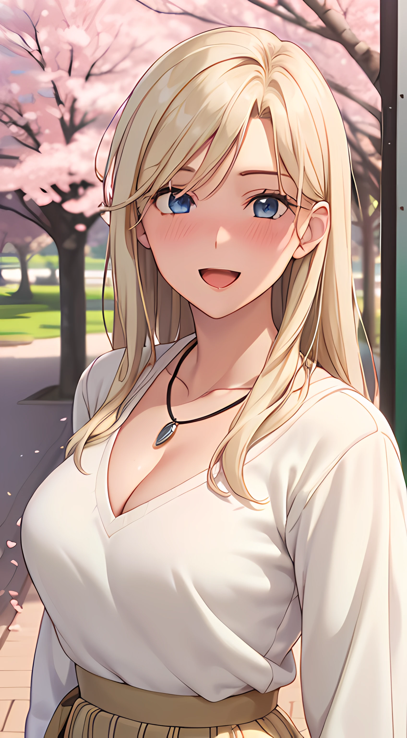 ((masterpiece, best quality, highres, UHD, RTX, perfect pixel, depth of field, 4k, extremely-detailed))), 1girl, single, solo, beautiful anime girl, beautiful artstyle, anime character, ((long hair, parted bangs, middle part hair bangs, blonde hair)), ((blue eyes:1.4, rounded eyes, beautiful eyelashes, realistic eyes)), ((detailed face, blushing:1.2)), ((smooth texture:0.75, realistic texture:0.65, photorealistic:1.1, anime CG style, vibrant color)), ((medium breasts, cleavage:0.9, busty)), dynamic angle, perfect body, ((POV, dynamic pose, portrait)), ((white sweater, long sleeve, black skirt, fashionable, single handbag, 1diamond necklace)), smile, open mouth, amusement park, ((cherry blossom tree, cherry blossoms fall))