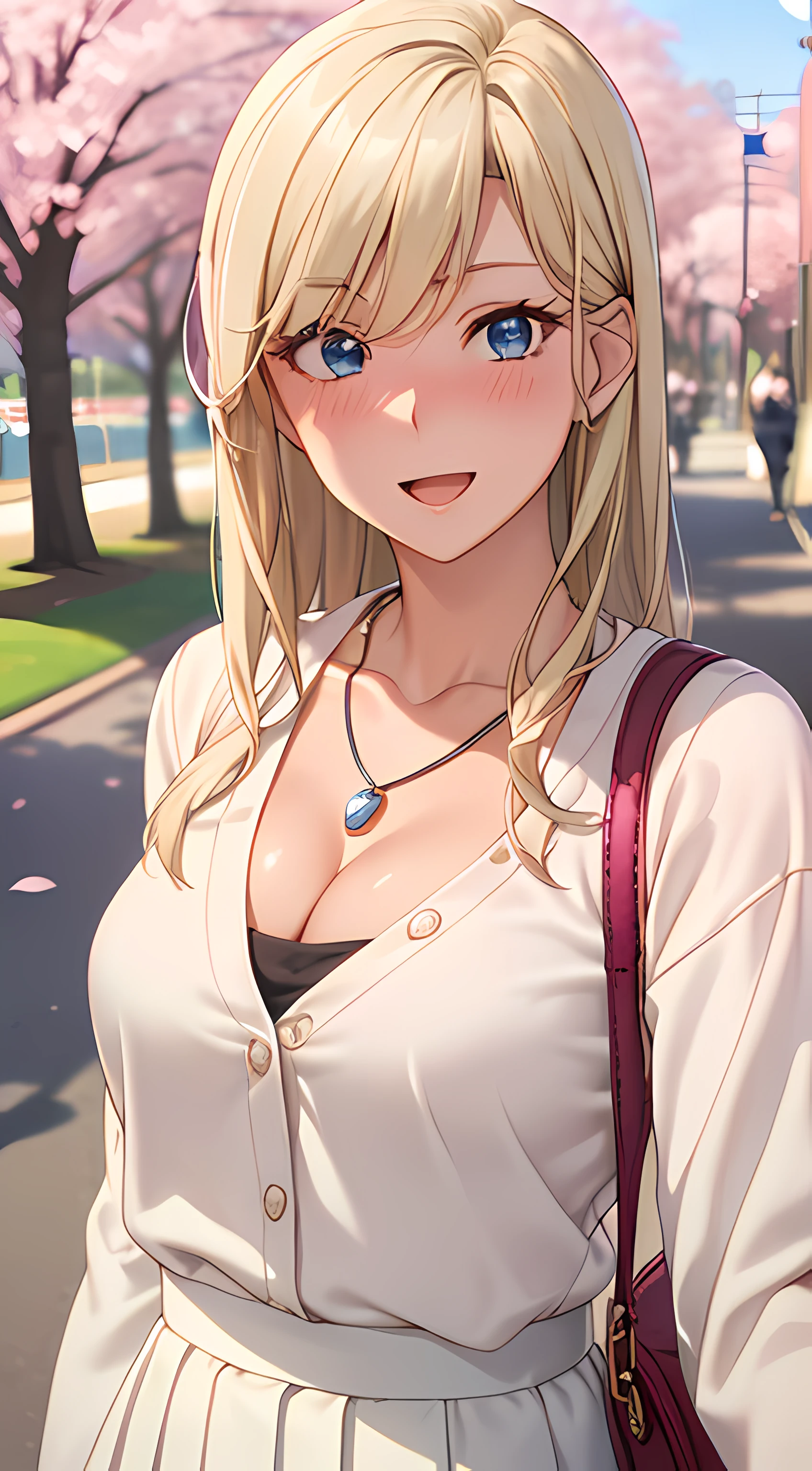 ((masterpiece, best quality, highres, UHD, RTX, perfect pixel, depth of field, 4k, extremely-detailed))), 1girl, single, solo, beautiful anime girl, beautiful artstyle, anime character, ((long hair, parted bangs, middle part hair bangs, blonde hair)), ((blue eyes:1.4, rounded eyes, beautiful eyelashes, realistic eyes)), ((detailed face, blushing:1.2)), ((smooth texture:0.75, realistic texture:0.65, photorealistic:1.1, anime CG style, vibrant color)), ((medium breasts, cleavage:0.9, busty)), dynamic angle, perfect body, ((POV, dynamic pose, portrait)), ((white sweater, long sleeve, black skirt, women belt, fashionable, single handbag, 1diamond necklace)), smile, open mouth, amusement park, ((cherry blossom tree, cherry blossoms fall))