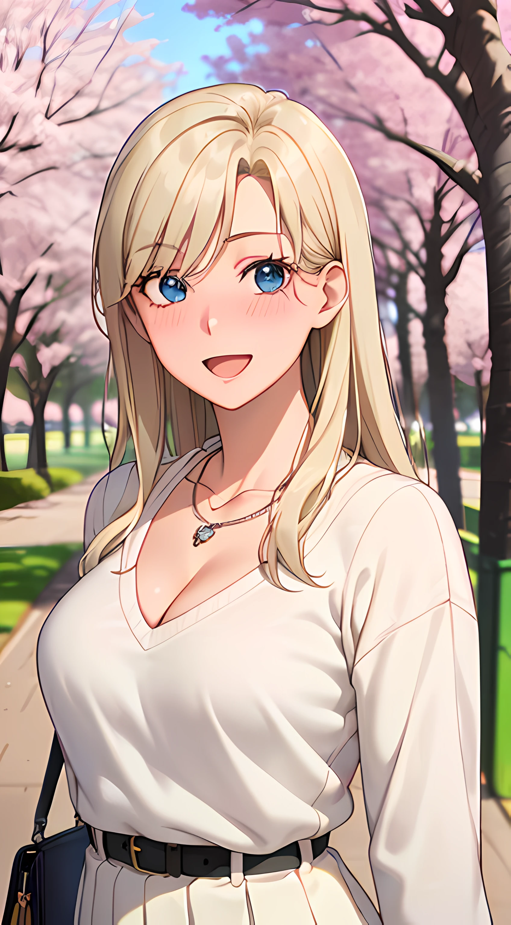((masterpiece, best quality, highres, UHD, RTX, perfect pixel, depth of field, 4k, extremely-detailed))), 1girl, single, solo, beautiful anime girl, beautiful artstyle, anime character, ((long hair, parted bangs, middle part hair bangs, blonde hair)), ((blue eyes:1.4, rounded eyes, beautiful eyelashes, realistic eyes)), ((detailed face, blushing:1.2)), ((smooth texture:0.75, realistic texture:0.65, photorealistic:1.1, anime CG style, vibrant color)), ((medium breasts, cleavage:0.9, busty)), dynamic angle, perfect body, ((POV, dynamic pose, portrait)), ((white sweater, long sleeve, black skirt, women belt, fashionable, single handbag, 1diamond necklace)), smile, open mouth, amusement park, ((cherry blossom tree, cherry blossoms fall))