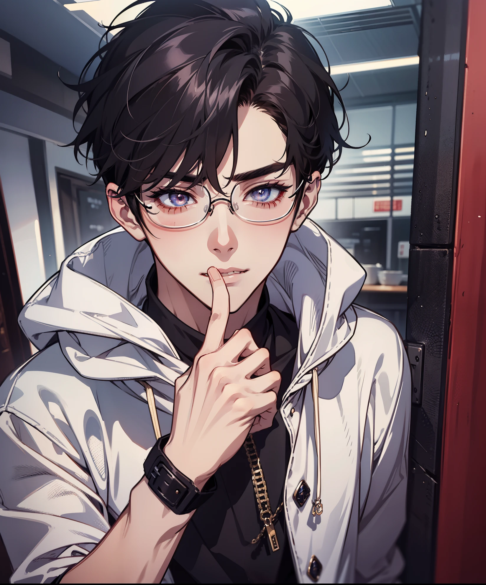 1 boy, in glasses jock, 23 years old, boy, universitary, handsome pale, mature, jock young man, smooth red skin, very smooth, Joo-Jae Kyung, teenage boy, black hoodie, sexy, blushing, front face, yaoi. dominator, horny face, intimidating boy, black medium hair, manhwa style, mingwa, BJ Alex, Jinx, sexy, Blushing, dominator, Smooth Contour, Manhwa, bright eyes, front face, 1 boy, manhwa, mingwa style, BJ Alex, Jinx, naturally, manly guy, front face
