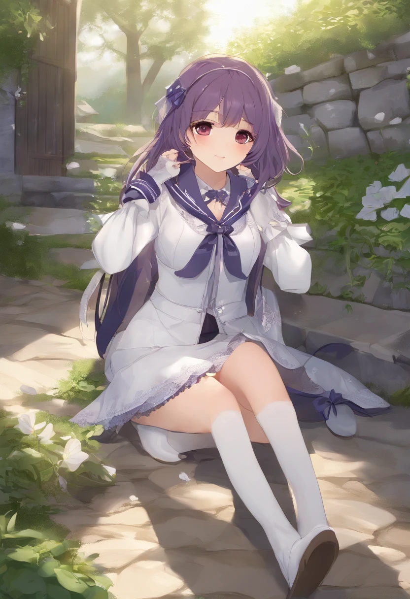 masutepiece,1girl in, sad, Crying, Tears, Purple color palette,Best Quality, Ultra-detailed, 3 people, grass wonder \(umamusume\), White sailor color, Blue jacket, long-sleeve, Armbands, robe blanche, white skirt, Black pantyhose, boots, Brown footwear, mismatched footwear, street, red blush, AND 3 people, special week \(umamusume\), Ear ribbon, Purple Ribbon, puffy short sleeves, Neck ribbon, Blue ribbon, cropped jackets, white jaket, two-tone jacket, shirt with collar, white shirt, Purple vest, wristbands, wrist cuffs, white skirt,, thighs thighs thighs thighs, (Hug Carrot:1.3), (frombelow:0.9), cowboy shot、nice hand、walls、Tile wall、Embarrassing AND 3 people, Silence Suzuka \(umamusume\), Black gloves, White skirt, pleatedskirt, black pantyhose, Layered sleeves, puffy short sleeves, Long sleeve short sleeve, Black ribbon, cowboy shot, red blush, nice hand, against a wall, Tile wall, Looking aside