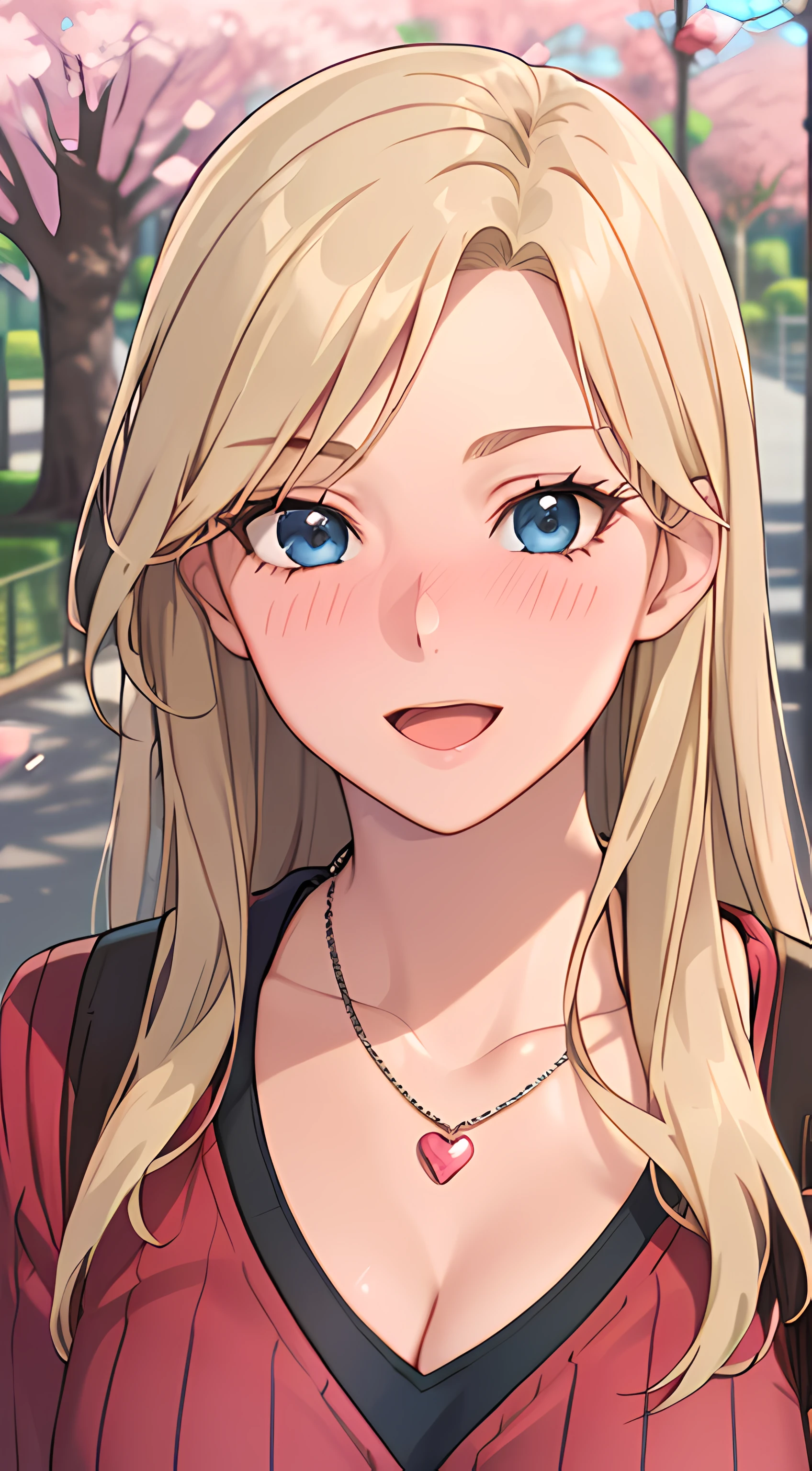 ((masterpiece, best quality, highres, UHD, RTX, perfect pixel, depth of field, 4k, extremely-detailed))), 1girl, single, solo, beautiful anime girl, beautiful artstyle, anime character, ((long hair, parted bangs, middle part hair bangs, blonde hair)), ((blue eyes:1.4, rounded eyes, beautiful eyelashes, realistic eyes)), ((detailed face, blushing:1.2)), ((smooth texture:0.75, realistic texture:0.65, photorealistic:1.1, anime CG style, vibrant color)), ((medium breasts, cleavage:0.9, busty)), dynamic angle, perfect body, ((POV, dynamic pose, portrait)), ((red sweater, long sleeve, black skirt, women belt, fashionable, single handbag, 1diamond necklace)), smile, open mouth, amusement park, ((cherry blossom tree, cherry blossoms fall))