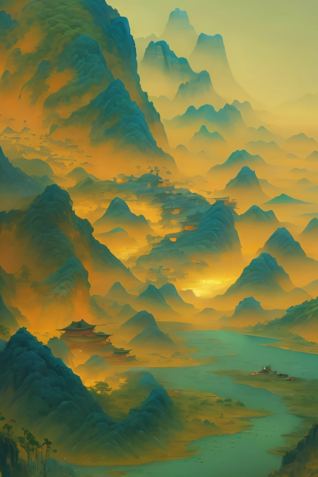 painting of a mountain landscape with a river and a boat, ross tran. scenery background, Detailed scenery —width 672, Floating mountains, 4k highly detailed digital art, Beautiful rendering of the Tang Dynasty, impressive fantasy landscape, Chinese landscape, Beeple e Jean Giraud, mountainous background, 8k resolution digital painting, 8 k resolution digital painting