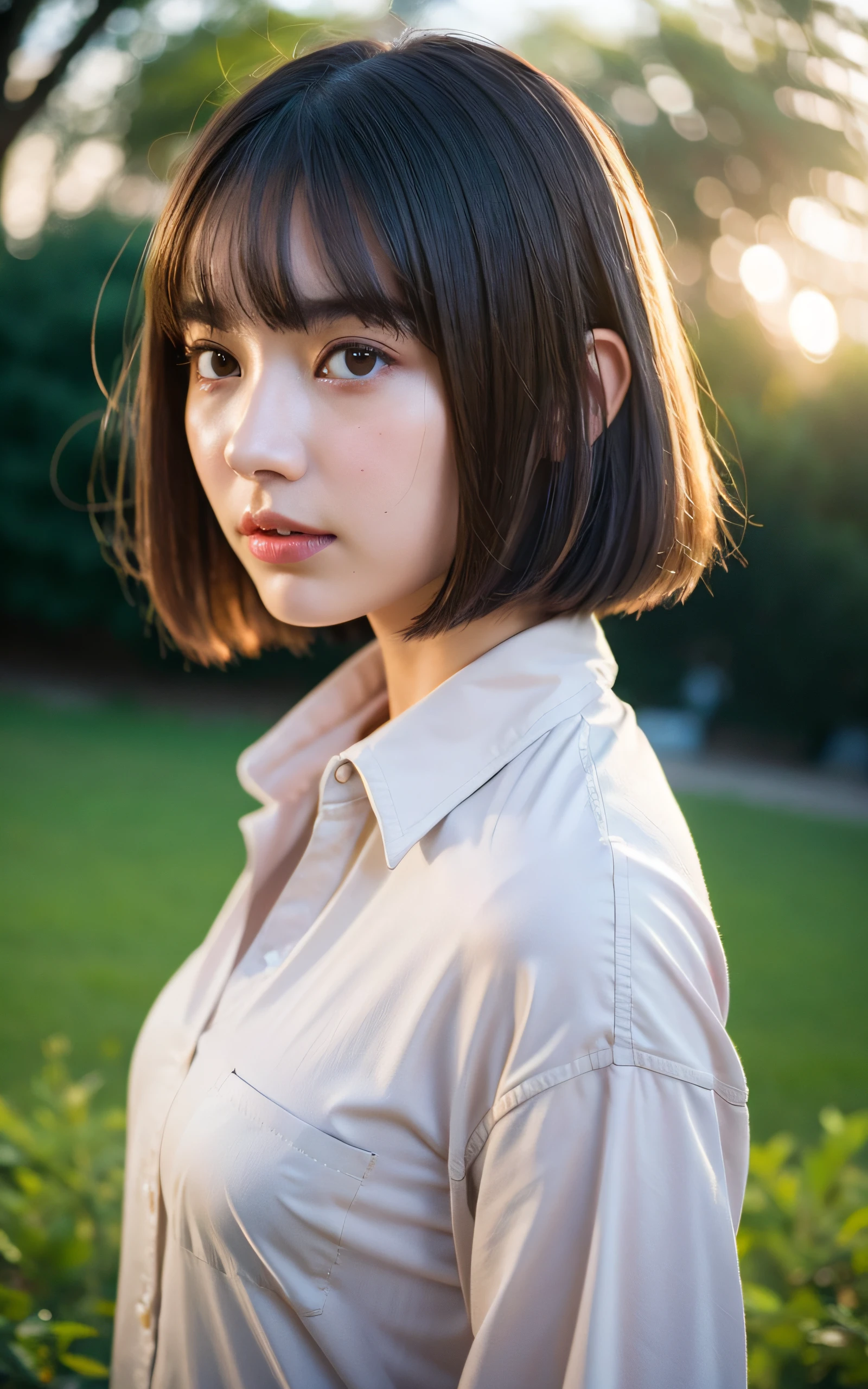 masterpiece, Best Quality, 8K, 1girl, Correct human hands, correct human fingers, , face closeup, Cute, Girly, Delicate girl, Neat and clean beauty, medium breast, luminescence, Looking away, Raw photo, F/1.8, 135 mm, NIKON, Anatomically correct, bokeh，Textured skin, Professional Photography, Portrait, Soft light, Professional Lighting, back light, Film grain, (Eyes and faces with detailed:1.0), brown hair, short hair swaying in the wind, bangs, Silk shirt