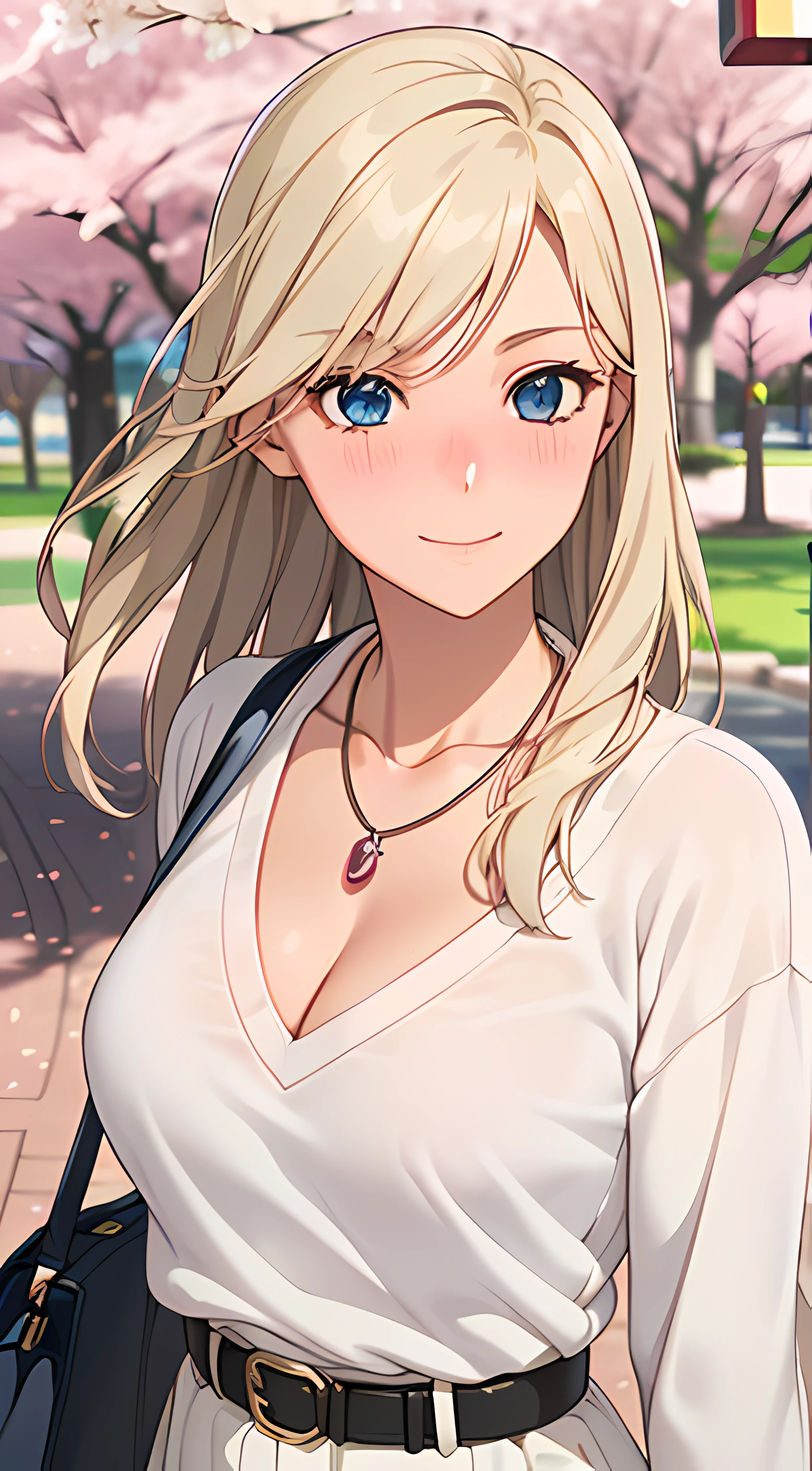 ((masterpiece, best quality, highres, UHD, RTX, perfect pixel, depth of field, 4k, extremely-detailed))), 1girl, single, solo, beautiful anime girl, beautiful artstyle, anime character, ((long hair, parted bangs, middle part hair bangs, blonde hair)), ((blue eyes:1.4, rounded eyes, beautiful eyelashes, realistic eyes)), ((detailed face, blushing:1.2)), ((smooth texture:0.75, realistic texture:0.65, photorealistic:1.1, anime CG style, vibrant color)), ((medium breasts, cleavage:0.9, busty)), dynamic angle, perfect body, ((POV, dynamic pose, close up)), ((white sweater, long sleeve, black skirt, women belt, fashionable, single handbag, 1diamond necklace)), smile, embrassed, amusement park, ((cherry blossom tree, cherry blossoms fall))