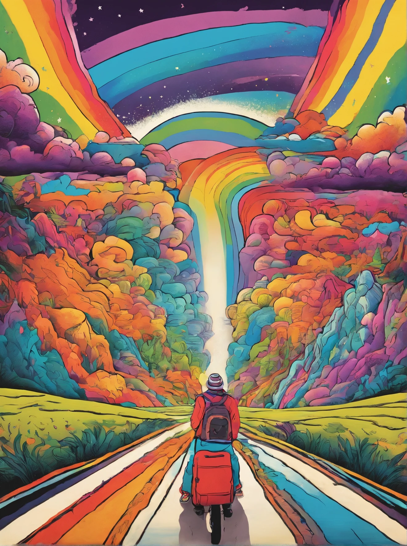 Wholesome hitchhikers found on rainbow road, with bright, colorful clothing and friendly smiles that radiate warmth and positivity. The hitchhikers are depicted as a diverse group of people, each one representing a different aspect of humanity. They stand together on a winding road that stretches off into the distance, with a vibrant rainbow arching overhead. The colors of the rainbow are reflected in the clothing and accessories of the hitchhikers, creating a kaleidoscope of colors that dance and shimmer in the light. As you gaze into the scene, you feel a sense of joy and wonder, as if you too are part of this colorful, whimsical world. It's as if the hitchhikers are inviting you to join them on their journey, to explore the mysteries of the rainbow road and discover the beauty of life in all its many forms.