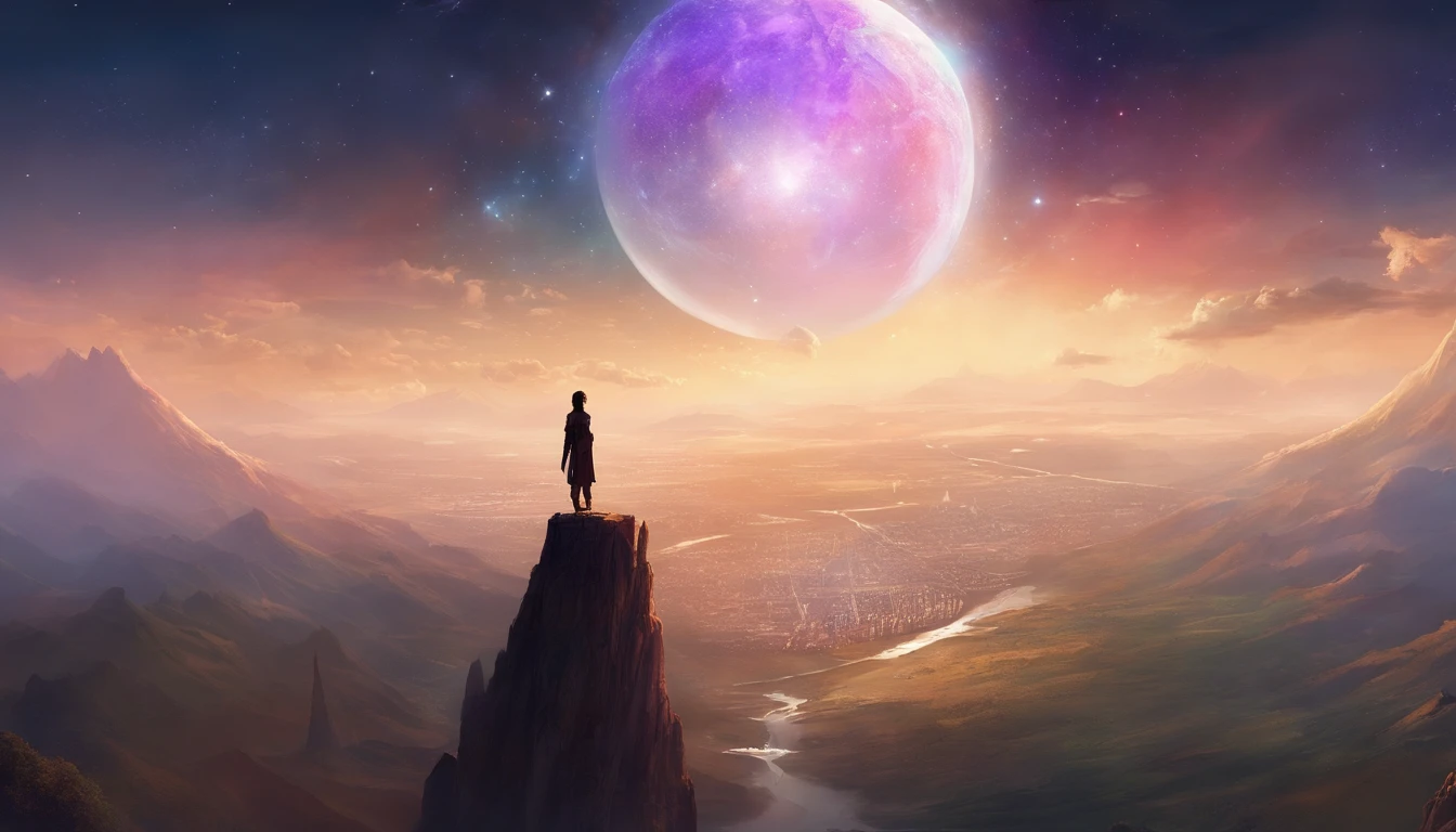 young aspiring human on top of the highest tower in the world looking over to earth globe highly detailed high quality surrounded by vast dark space