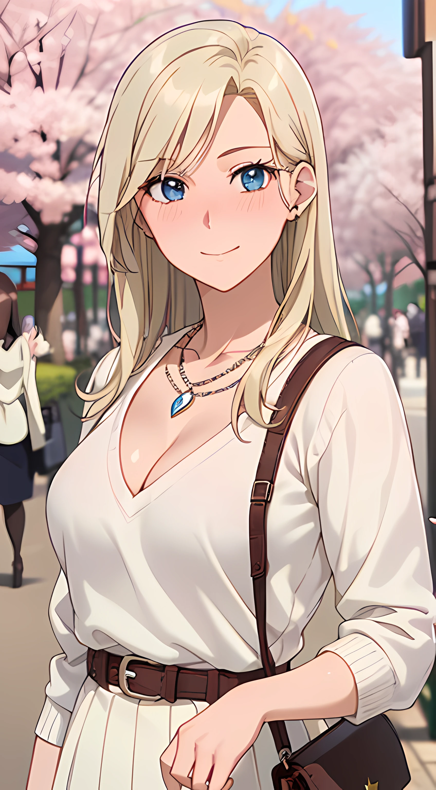 ((masterpiece, best quality, highres, UHD, RTX, perfect pixel, depth of field, 4k, extremely-detailed))), 1girl, single, solo, beautiful anime girl, beautiful artstyle, anime character, ((long hair, parted bangs, middle part hair bangs, blonde hair)), ((blue eyes:1.4, rounded eyes, beautiful eyelashes, realistic eyes)), ((detailed face, blushing:1.2)), ((smooth texture:0.75, realistic texture:0.65, photorealistic:1.1, anime CG style, vibrant color)), ((medium breasts, cleavage:0.9, busty)), dynamic angle, perfect body, ((POV, dynamic pose, close up)), ((white sweater, long sleeve, black skirt, women belt, fashionable, single handbag, 1diamond necklace)), smile, embrassed, amusement park, ((cherry blossom tree, cherry blossoms fall))