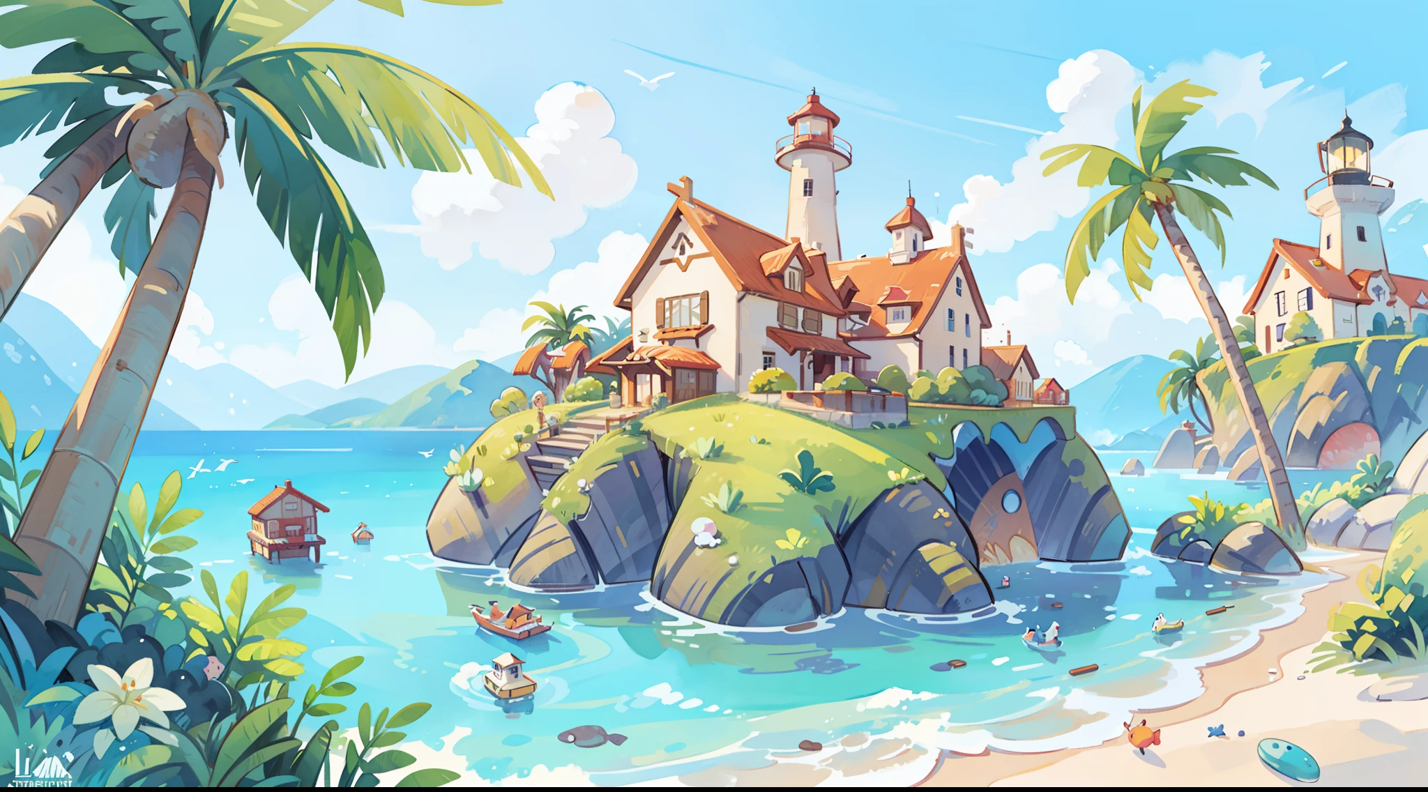 ((picture book illustration)), ocean fantasy, watercolor illustration, whimsical, warm colors, village, palm trees, houses, huge lighthouse, ((masterpiece)), highly detailed environment