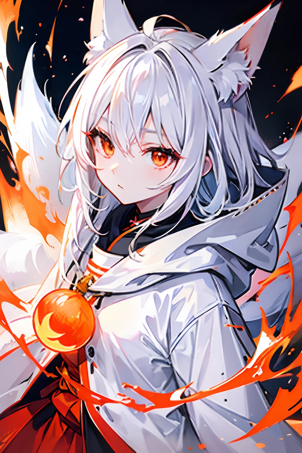 white hair、Orange Eyes、Hood from the top of the fox's ears、ember
