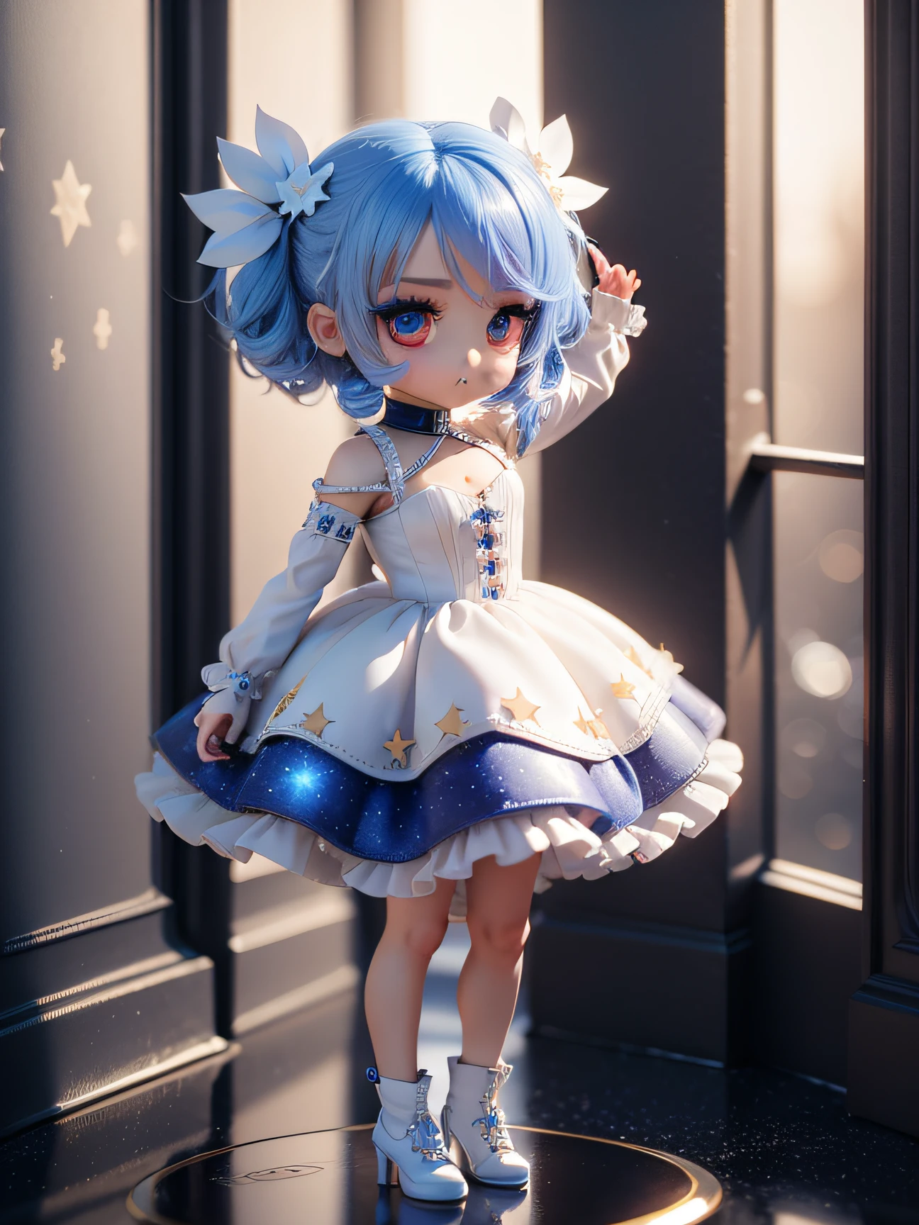 (masterpiece),(best quality),(ultra-detailed), (full body:1.2), (((chibi 3D))), blue hair, white dress, stars on background, (beautiful detailed face), (beautiful detailed eyes),