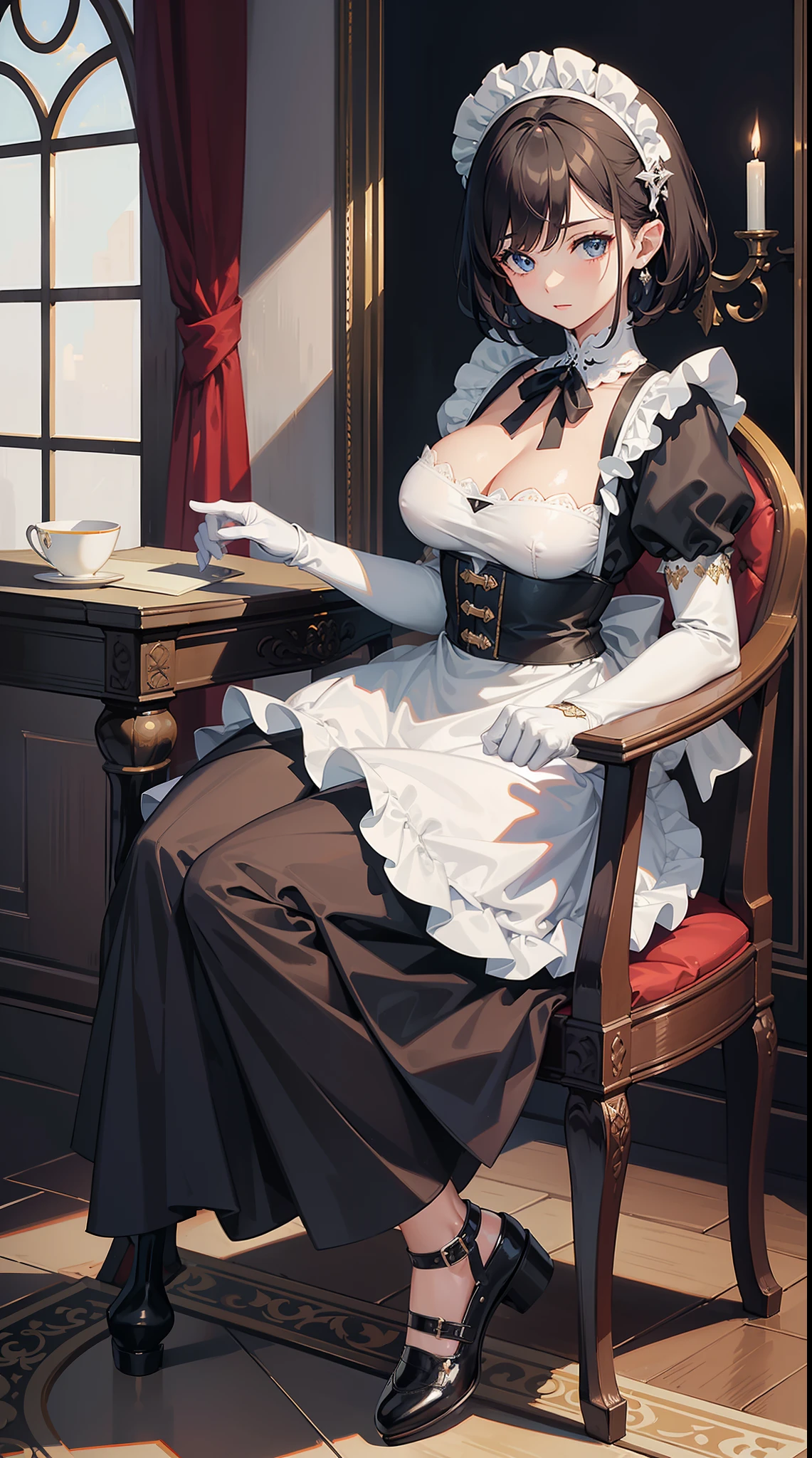 ((masterpiece)), ((best quality)), absurdres, beautiful detailed, finely detailed, intricate details, 1girl, apron, black dress, (black footwear:1), (blue eyes:1), breasts, closed mouth, (dark-skinned female:1), dark elf, full body, hair over one eye, large breasts, (long sleeves:1), looking at viewer, maid, (maid apron:1.1), pointy ears, (maid headdress:1.1), (own hands together:1), (puffy sleeves:1), short hair, (solo:1.5), (white gloves:1)