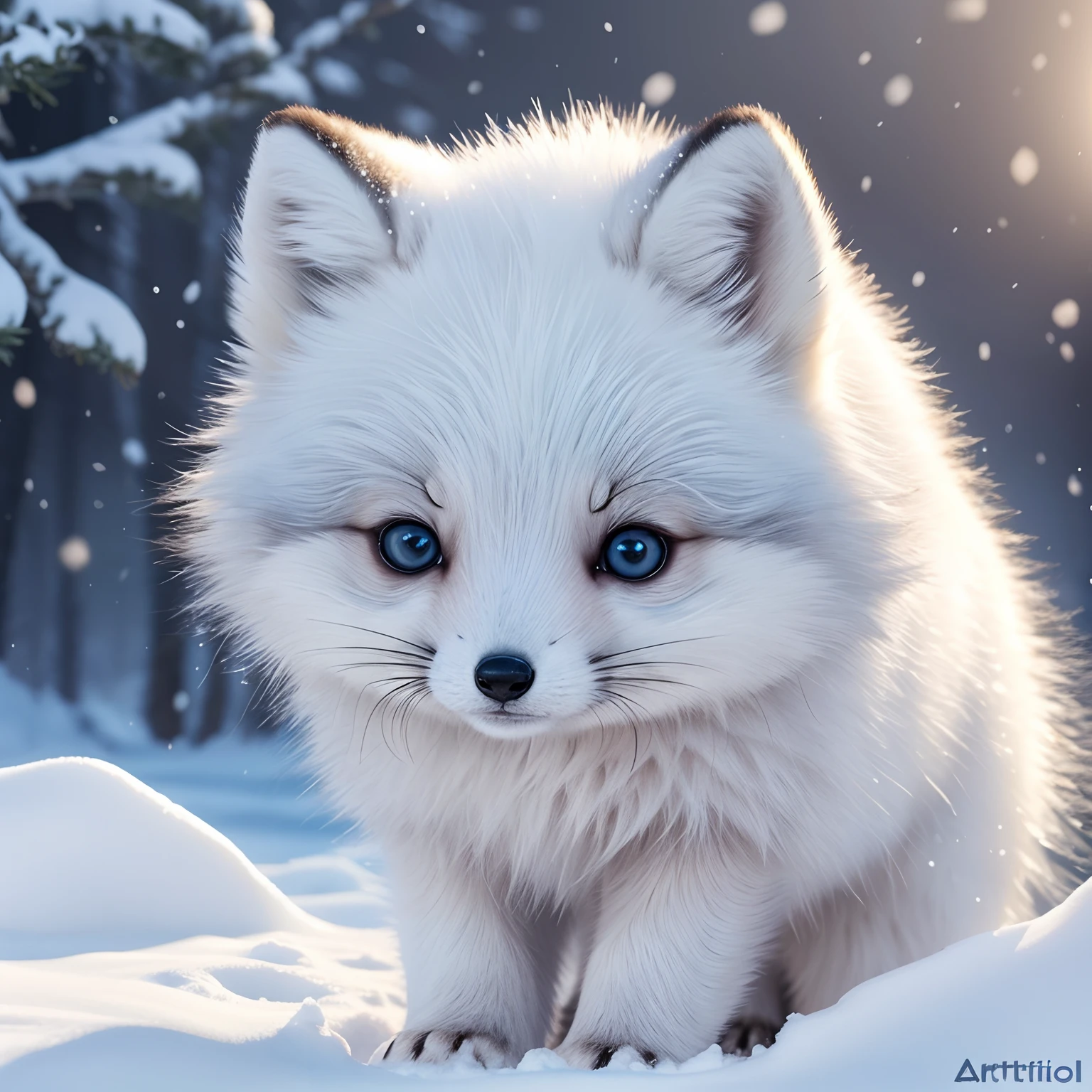 Fluffy cute arctic fox in the snow, Very detailed, 8K resolution, Digital Art, Trending on ArtStation, bright colours, Chibi style, Masterpiece, Charming, friendly, Cute animal