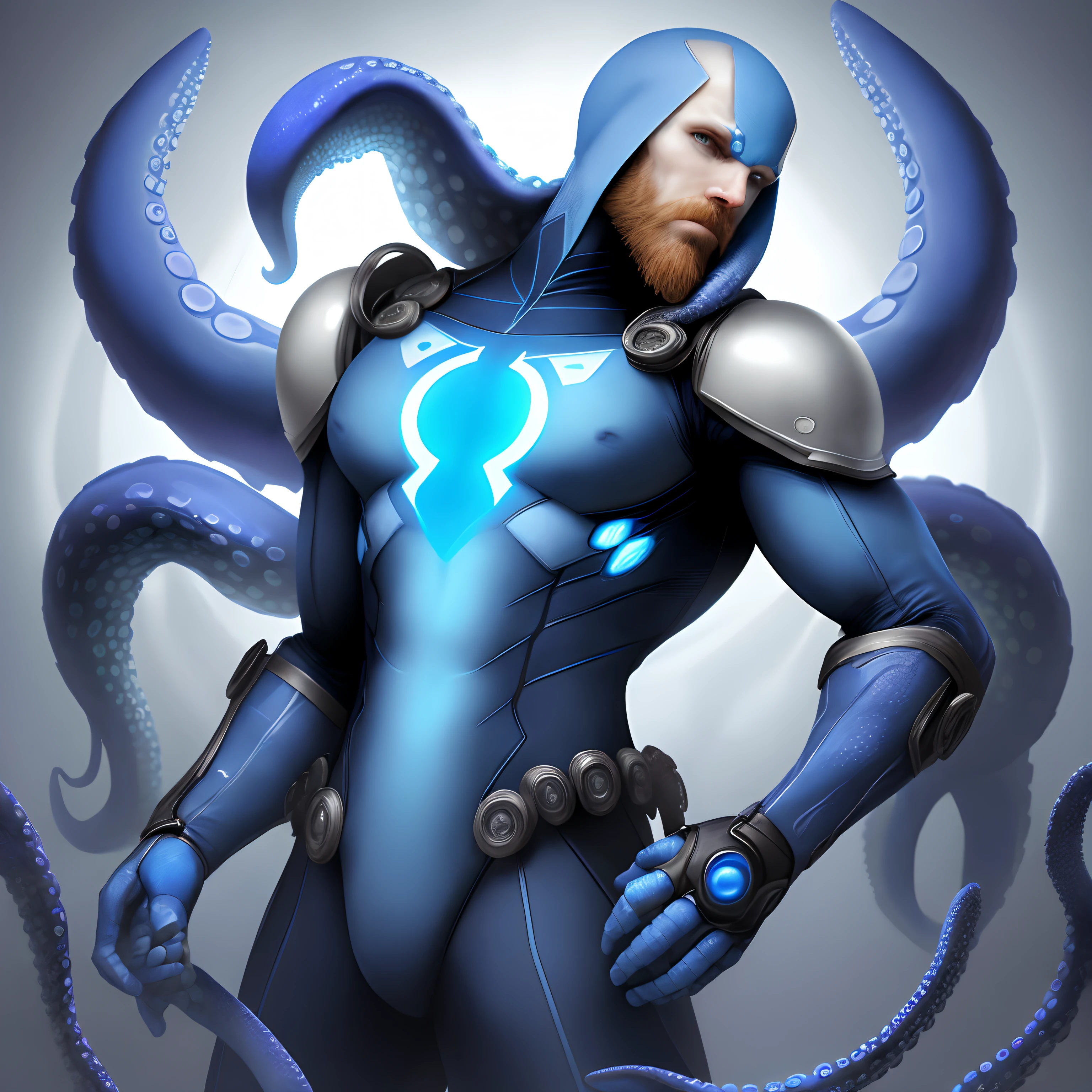 Homem careca, Redbeard Robot SeaArt Txt2Img Standard 23:11:28 Create a realistic 8k HD Ultra image of a Marvel character in a costume inspired by the Spider-Man costume only that this superhero would have the costume inspired by an octopus, ele seria o homem polvo, com seu traje em tons de branco azul Ciano azul claro e azul escuro seu traje tem um lindo perfeito e detalhado ,Details with octopus tentacles, Ventosas ,no estilo Homem-Aranha do aranhaverso,Costume inspiration of superhero costume is an octopus. White gloves on hands with silver details,symbol of a blue octopus right in the center of the breastplate of the superhero costume