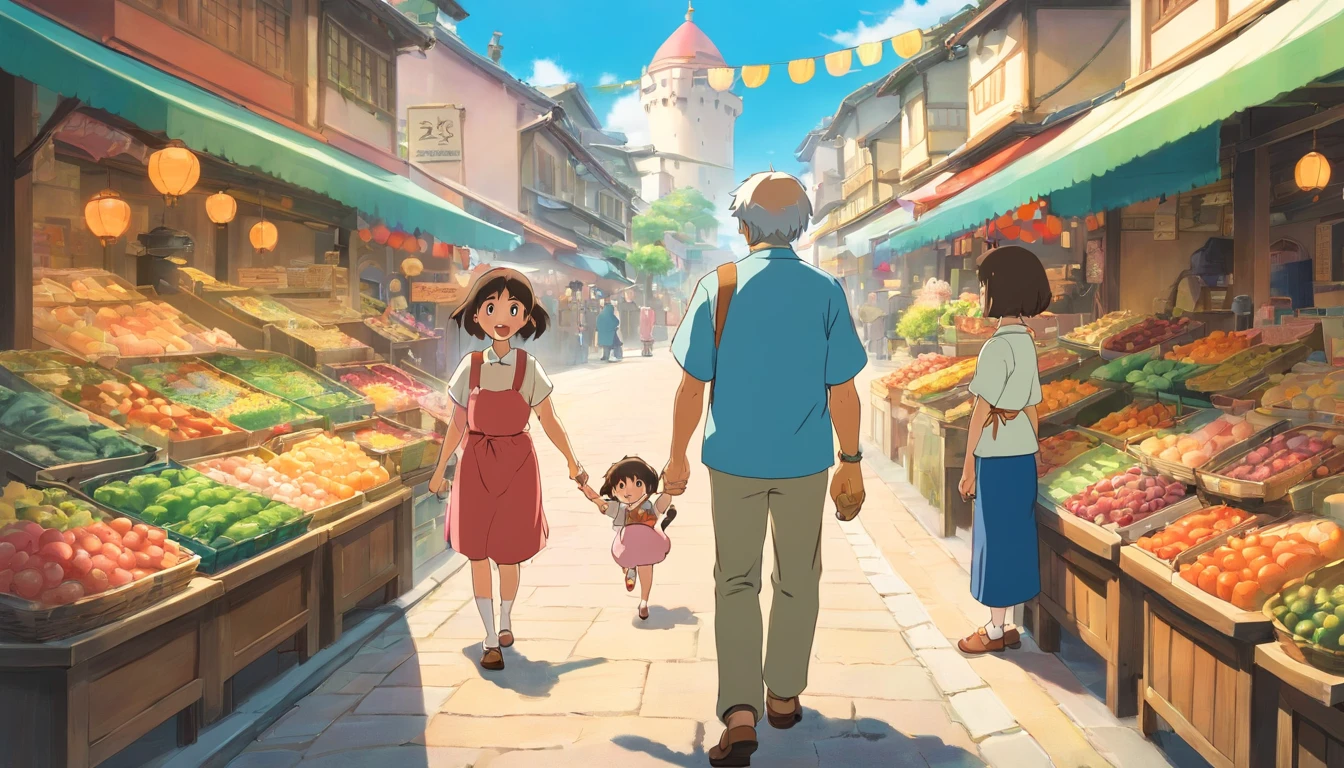 [Scene: Uncle and cousin’s arrival] Uncle and his daughter, accompanied by the protagonist, step into the market. They exude a sense of excitement and anticipation as they take in the sights and sounds of their hometown.