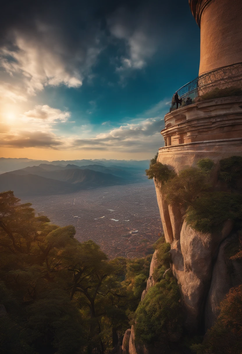 young aspiring human on top of the highest tower in the world looking over to earth globe highly detailed high quality ,colourful