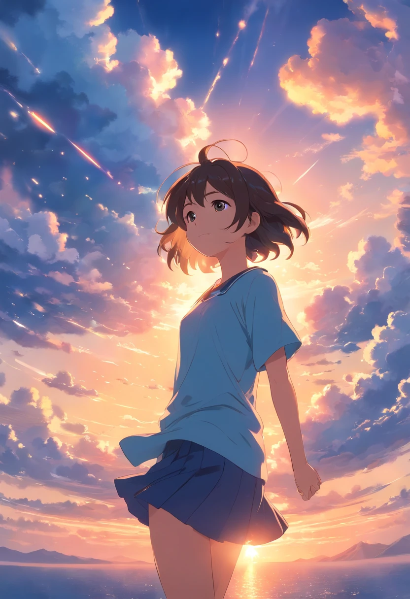 masterpiece, best quality, movie still, 1girl, cloud girl, floating in the sky, close-up, bright, happy, warm soft lighting, sunset, (sparks:0.7)