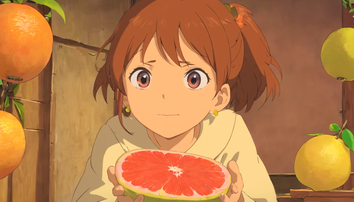 [Scene: Cousin’s request] The camera zooms in on the cousin, animatedly tugging at the protagonist’s arm, insisting they go and buy pomelos. Her face displays a mix of curiosity and eagerness as she expresses her desire to try this exotic fruit.