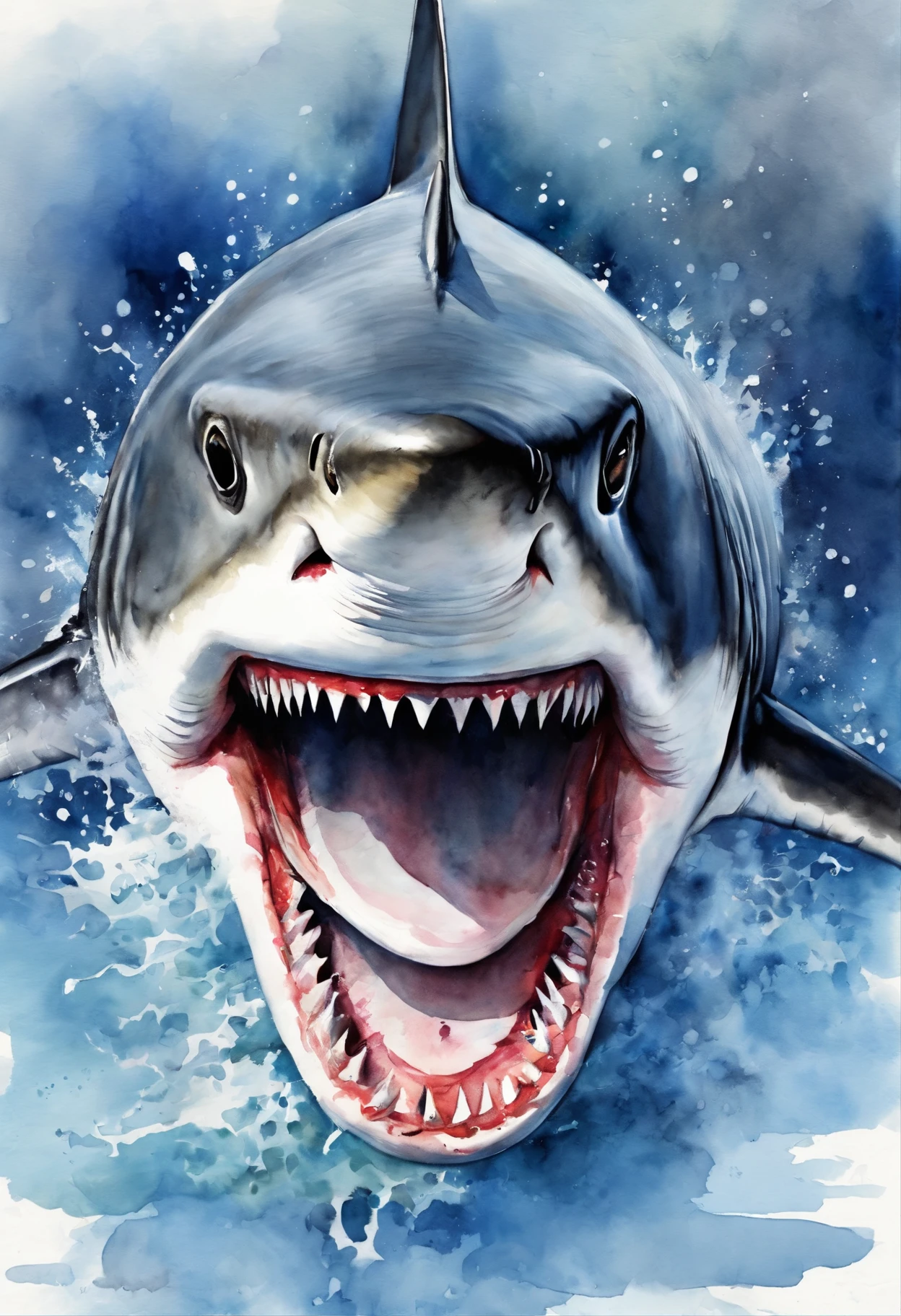 Shark with open mouth,Sharp teeth,Jump out of the water,Splash,Positive perspective,Visual impact