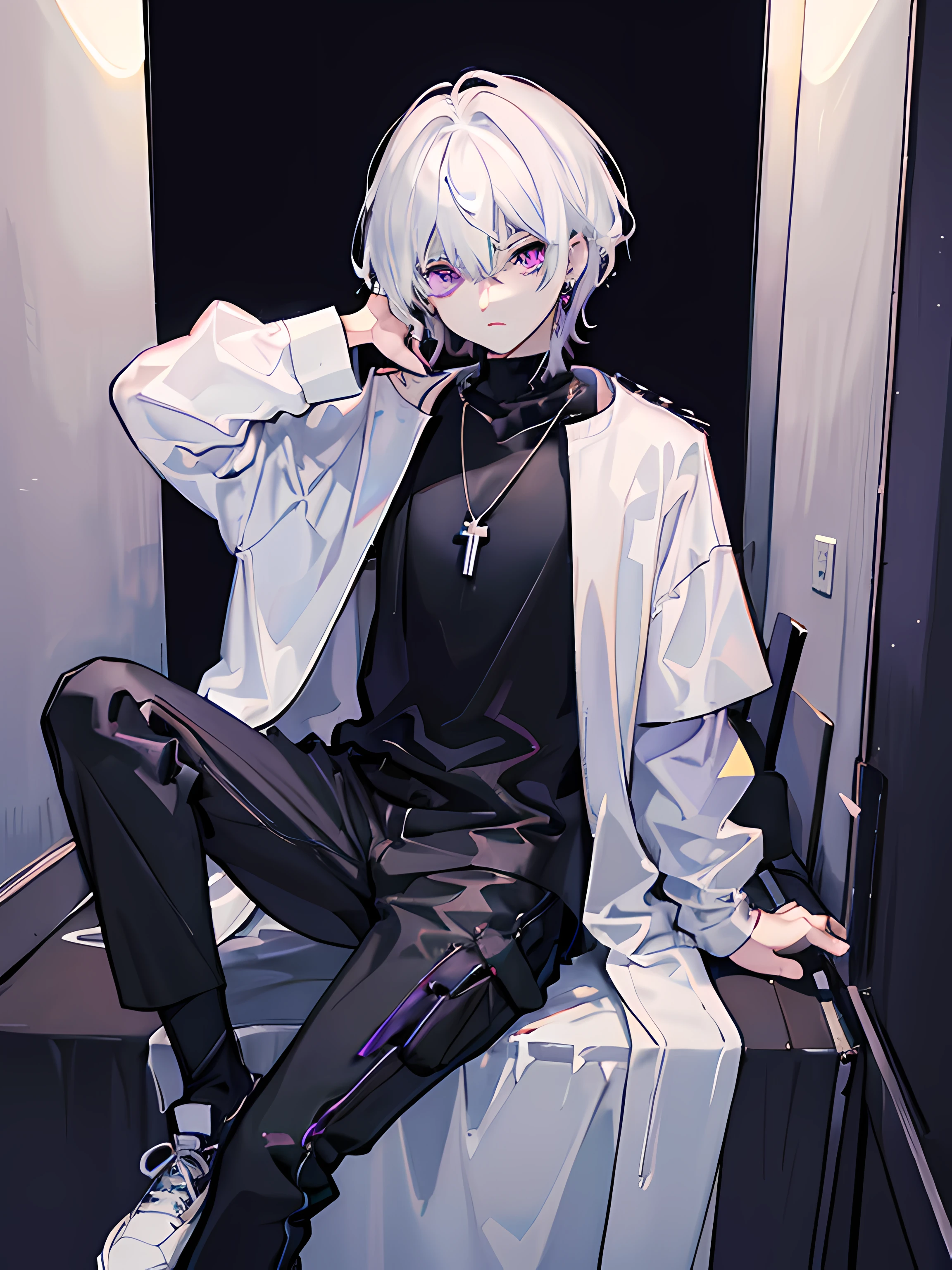 1 teenager male, medium white hair, dark purple eyes, lazy expression, 2 earring, wearing white jacket oversize, wearing black t-shirt, wearing black cargo pants, purple ribbon, necklace, dark room with light in middle, spotlight, small light, sit, absurdres, high res, ultrasharp, 8K, masterpiece