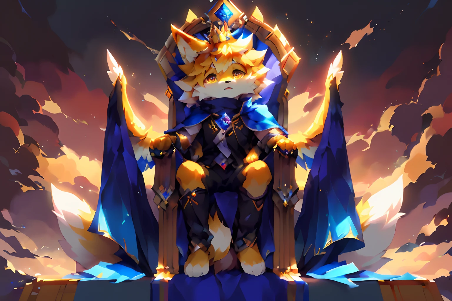 (((a goldfox))), (cocky), ((( \(parfect anatomy\)))), (( sitting on a throne)), , ((crown, royal, throne)), black fluffy twin tail, fluffy mane, heteronomia eyes, yellow body, cloud(独奏), blue cape, fantasy clothing, vest, detailed face, wings