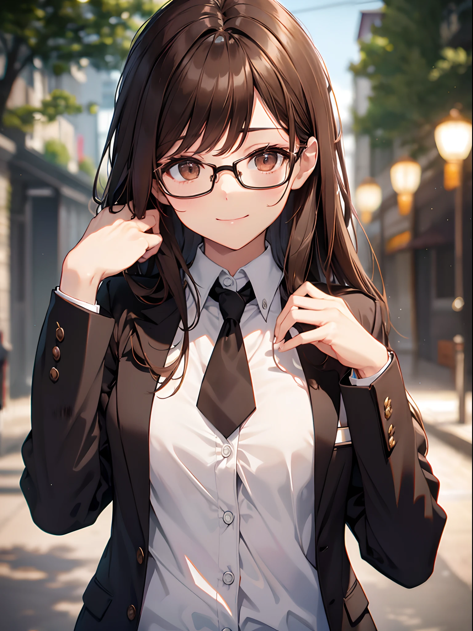 1 female、brown haired(Curta)、Brown eyes、Black-rimmed glasses、Best Quality、ultra-detailliert、8K resolution、Raw photo、masutepiece、gorgeous faces、Perfect body、a smile、Blazer Uniform
