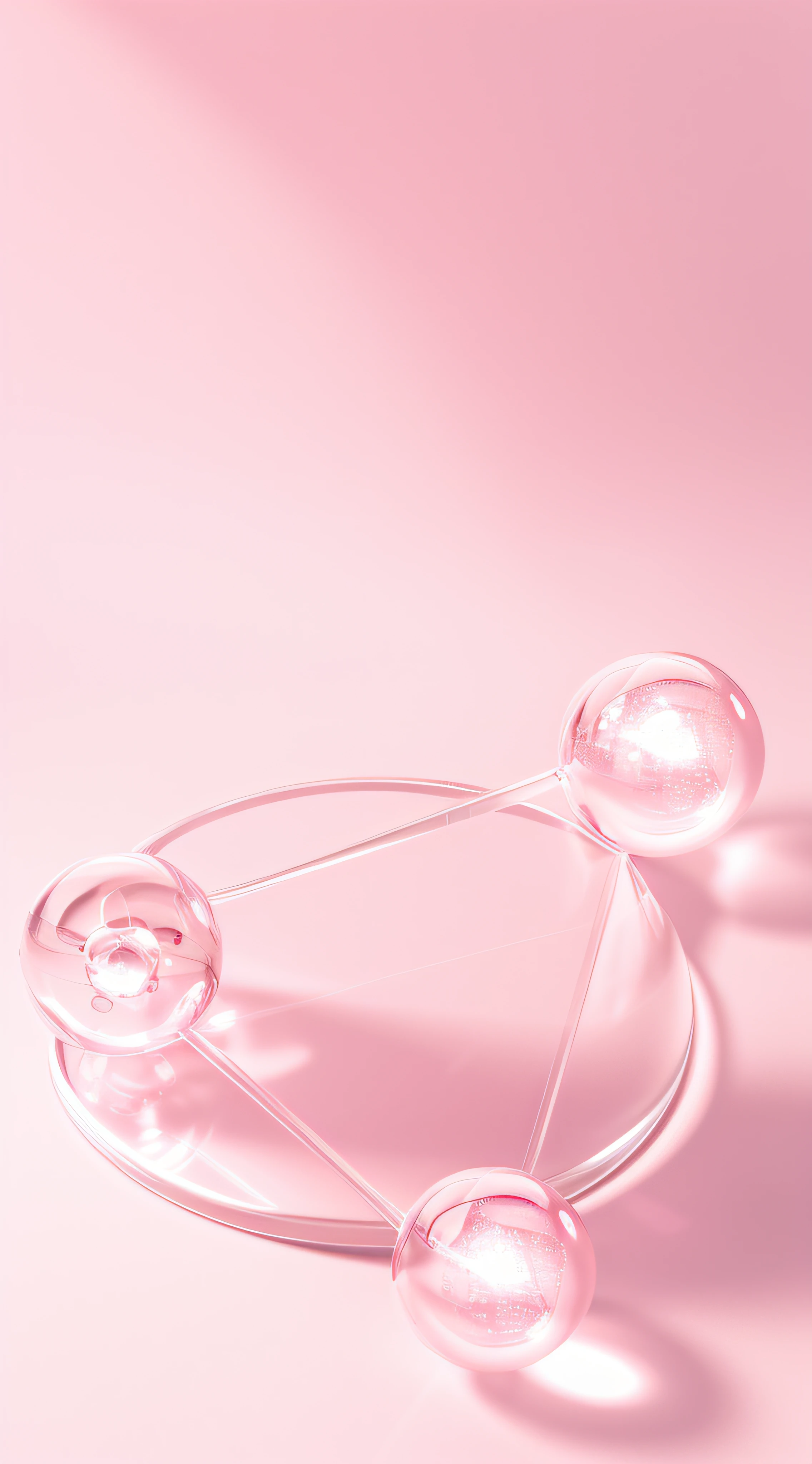 There are three glass balls on the round object on the pink surface, floating molecules, Glass ball on red cube, bubbling skin, Transparent skin, pink zen style, floating spheres and shapes, ( ( 3 d rendered ) ), cycles4d render, Pink background, energy sphere, cellular, translucent sphere, atoms floating, medical background, Pink skin, Pink light
