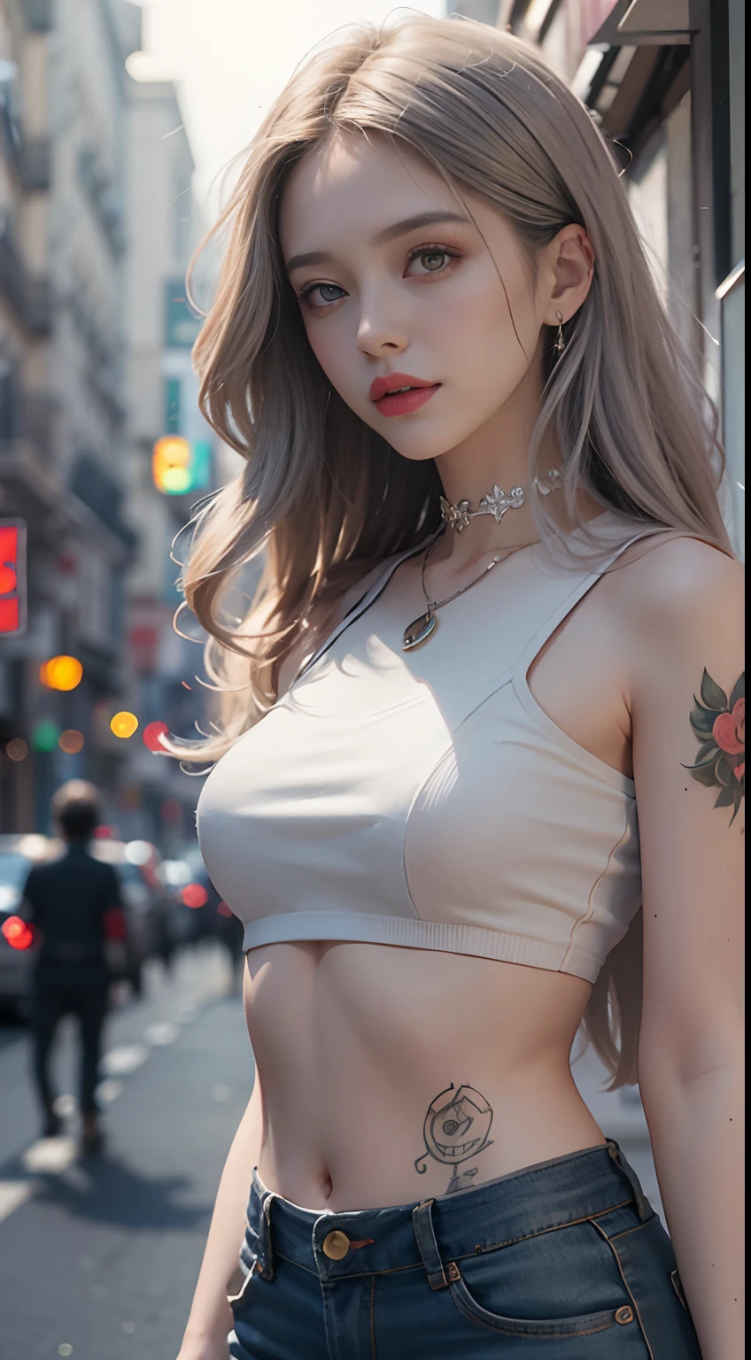 Urban beautiful girl college student, masterpiece, light makeup, red lips, silver hair, messy long hair, street background, beautiful, elegant. Ultra-fine details, master works, real texture, cinematic lighting realism, perfect work, 8k, HD, exquisite facial features, white tight open-cut top, transparent white tight shorts, slim figure, bright big eyes, smooth skin, earrings, necklace, tattoos