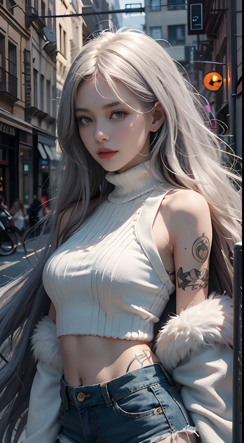 Urban Beautiful Girl College Student,tmasterpiece,Light makeup,Redlip,Silvery hair,Messy long hair,streets background,gracefulness,Elegance。ultra fine detailed,Works of masters,Authentic texture,Cinematic lighting realism,perfect works,8K,k hd,Delicate facial features,White skinny turtleneck top,White skinny shorts,Slim figure,Big bright eyes,Smooth skin,eardrop,choker necklace,Tattooed with