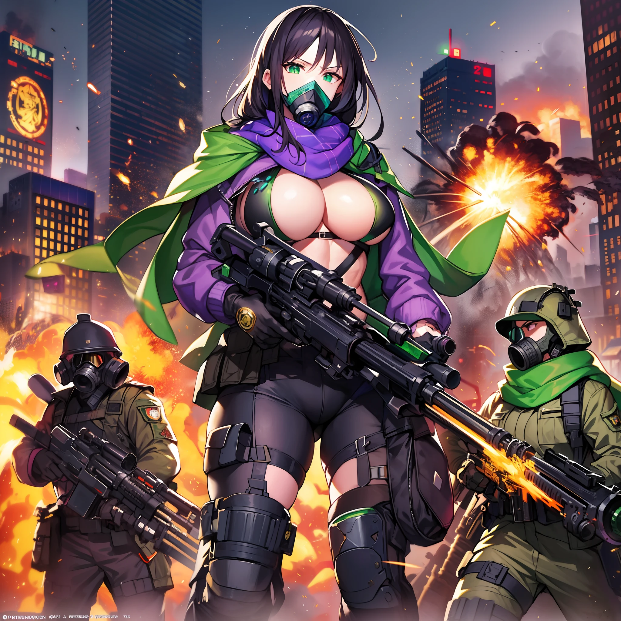 Outrageous resolution、​masterpiece++、top-quality++、ultra-definition++、ultra-definition++、4k++、8k++、from side、（Background Focus）++、（（（1）））+++、Sexy Clothes Woman Wearing Black Gas Mask Wearing Purple Jacket and Green Muffler with Ammunition Belt and Gatling Gun on Battlefield with Explosions and Sparks Destroying City１Cast a man's muscular big breasts military spell、Wearing a purple jacket and green scarf with an ammunition belt and a Gatling gun on a battlefield with explosions and sparks and a black gas mask１Man muscular big breasts soldier rune、Wearing a purple jacket and green scarf with an ammunition belt and a Gatling gun on a battlefield with explosions and sparks and a black gas mask１The magic of a muscular big breasts soldier、On a battlefield with explosions and sparks flying over, wearing a purple jacket and green scarf with an ammunition belt and Gatling gun, wearing a black gas mask１Muscular big breasts soldier、Wearing a purple jacket and green scarf with an ammunition belt and a Gatling gun on a battlefield with explosions and sparks and a black gas mask１Muscular Big Military Sorcerer、Wearing a purple jacket and green scarf with an ammunition belt and a Gatling gun on a battlefield with explosions and sparks and a black gas mask１Muscular big breasts military goddess、detailed fantasy art、fantasy art style、Break wearing a purple jacket and green scarf with ammo belt and Gatling gun on a battlefield with beautiful ancient explosions and sparks wearing black gas mask１Muscular Colossal Soldier Witch、Wearing a purple jacket and green scarf with an ammunition belt and a Gatling gun on a battlefield with explosions and sparks and a black gas mask１Man Muscular Big Military Colossal Queen、Fantasy Art Behans、On a battlefield with beautiful explosions and sparks, wearing a purple jacket and green scarf with an ammunition belt and Gatling gun and wearing a black gas mask１Muscular Big Military Magician、On a battlefield with beautiful explosions and sparks, wearing a pu