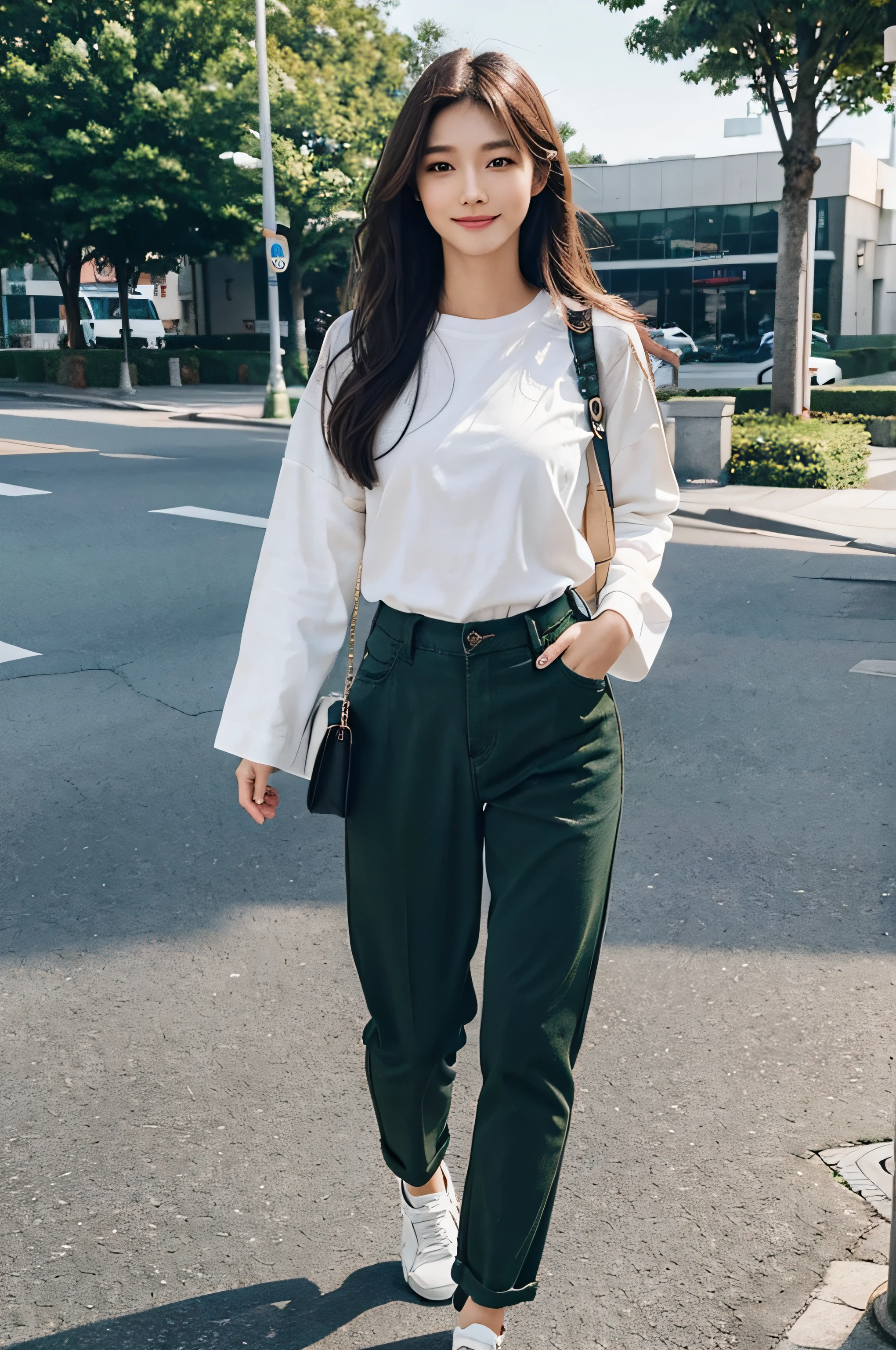 (lifelike, high - resolution:1.3),woman, beatiful face, slong hair, fine face and eyes, real hair, best quality, super detail, full body, walk, outdor, 2 layers of clothing, long sleeved bent outer layer shirt, chinos pants, smile, hand covering mouth, candit, perfect body, slim body, ultra detail hair, ultra realistic, smooth face, best photograp, walk pose, casual outfit